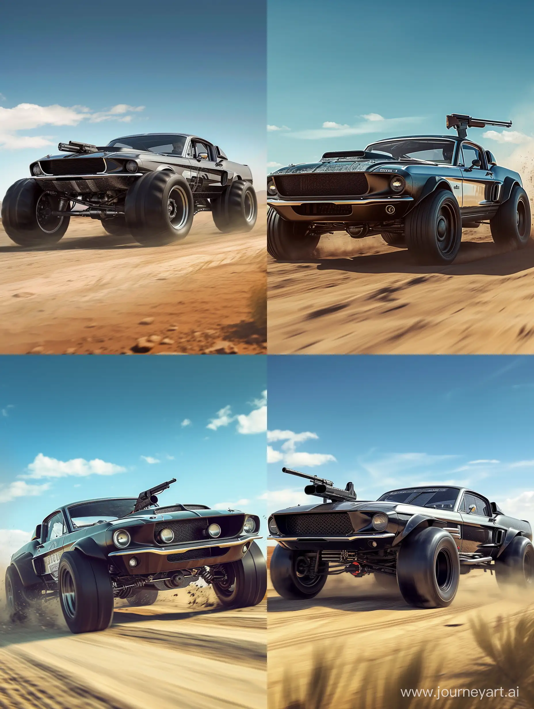A black and silver 1967 Ford Mustang is shown in a desert setting. It has large black tires and is driving on a dirt road. There is a gun on the front of the car, and the sky is blue with some clouds.