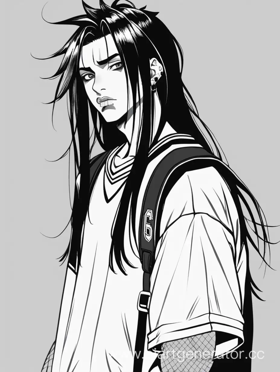 handsome Yandere Stalke, guy, with long black hair, punk, tall, with a lip piercing, dressed in baggy clothes, basketball player. black and white image