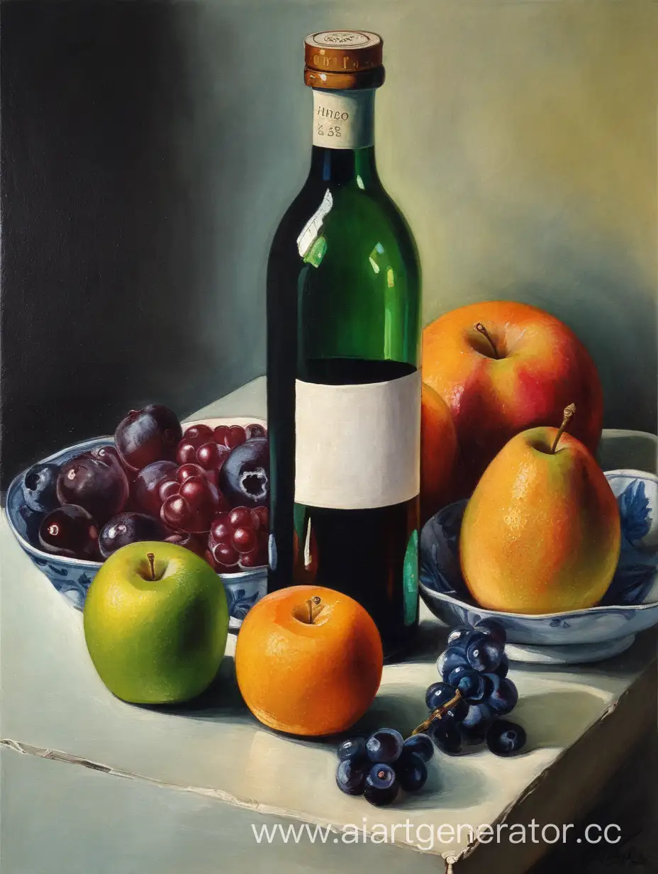 Голландский натюрморт, фрукты, одна бутылка,  простой, вечерний, экспрессионизм