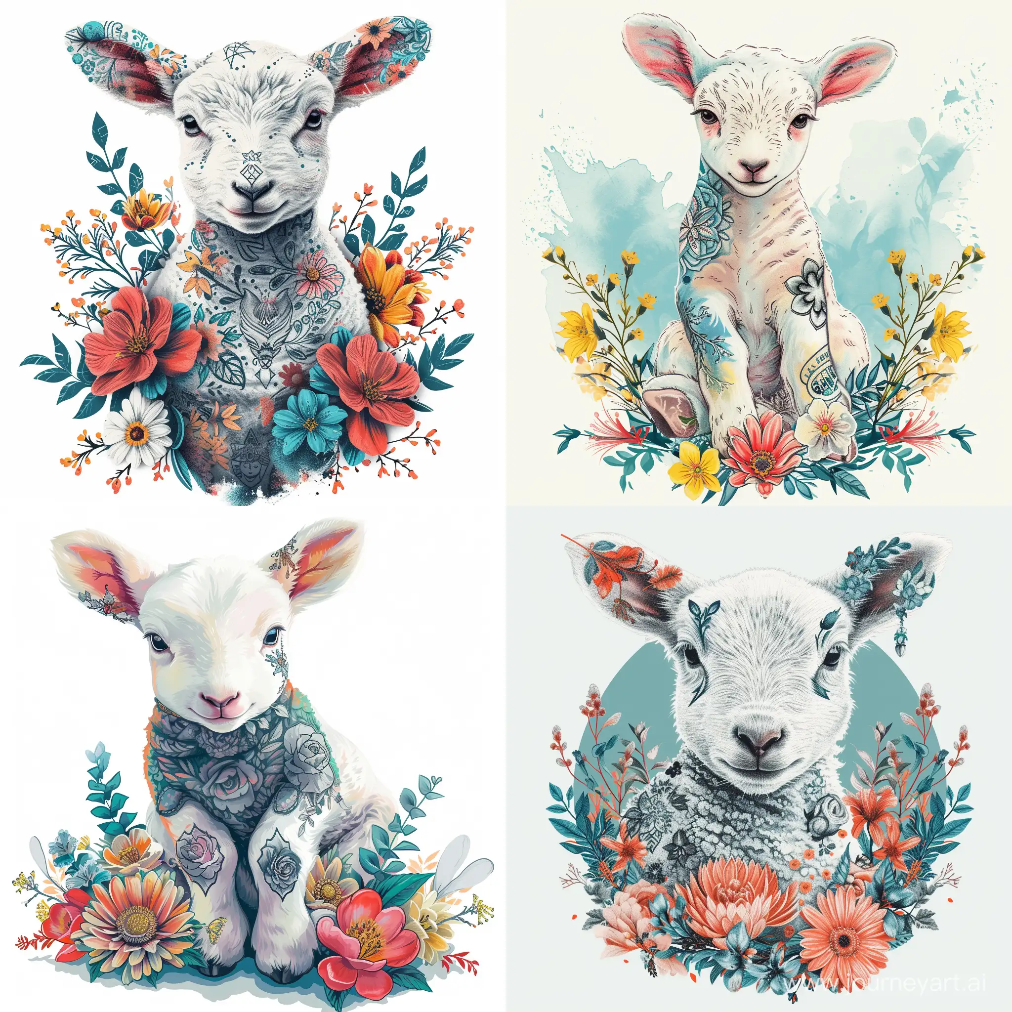 cute lamb with tattoos and with spring flowers illustration by nathan htadzien, in the style of j. scott campbell, colorful costumes, white and cyan, george stefanescu, tattoo, sony alpha a1, clipart, white backgroundcomposed, in flat style