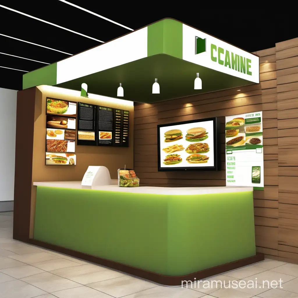 fast food concept kiosk counter with a combine of green and brown concept. simple design, less is more and modern style