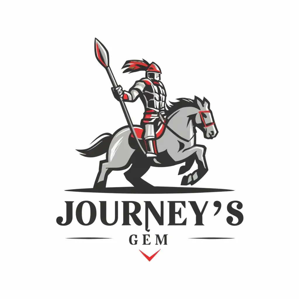 a logo design,with the text 'Journeys Gem', main symbol:A knight riding a horse, with a jousting pole,Moderate,be used in Automotive industry,clear background