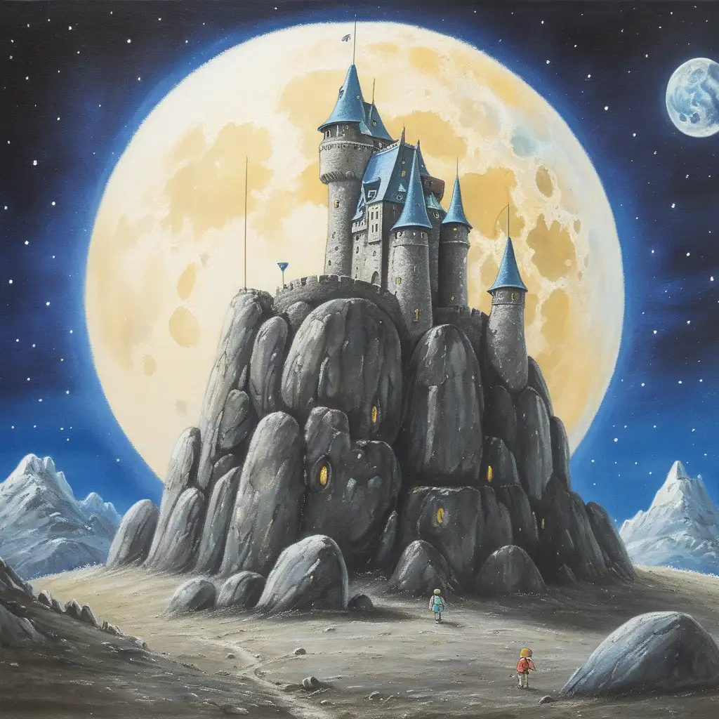 An old stone castle on the moon, ghibli inspired painting