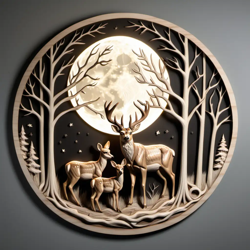 Bass relief, buck and doe deer, in the woods with a full moon, round
