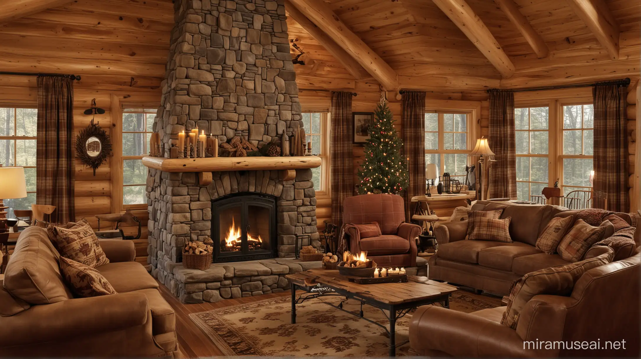 Cozy Cabin Living Room Interior with Fireplace