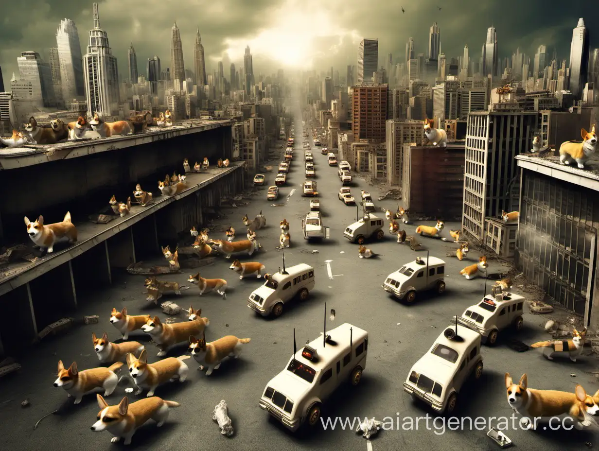 Город во время апокалипсиса, его захватили корги роботы 
