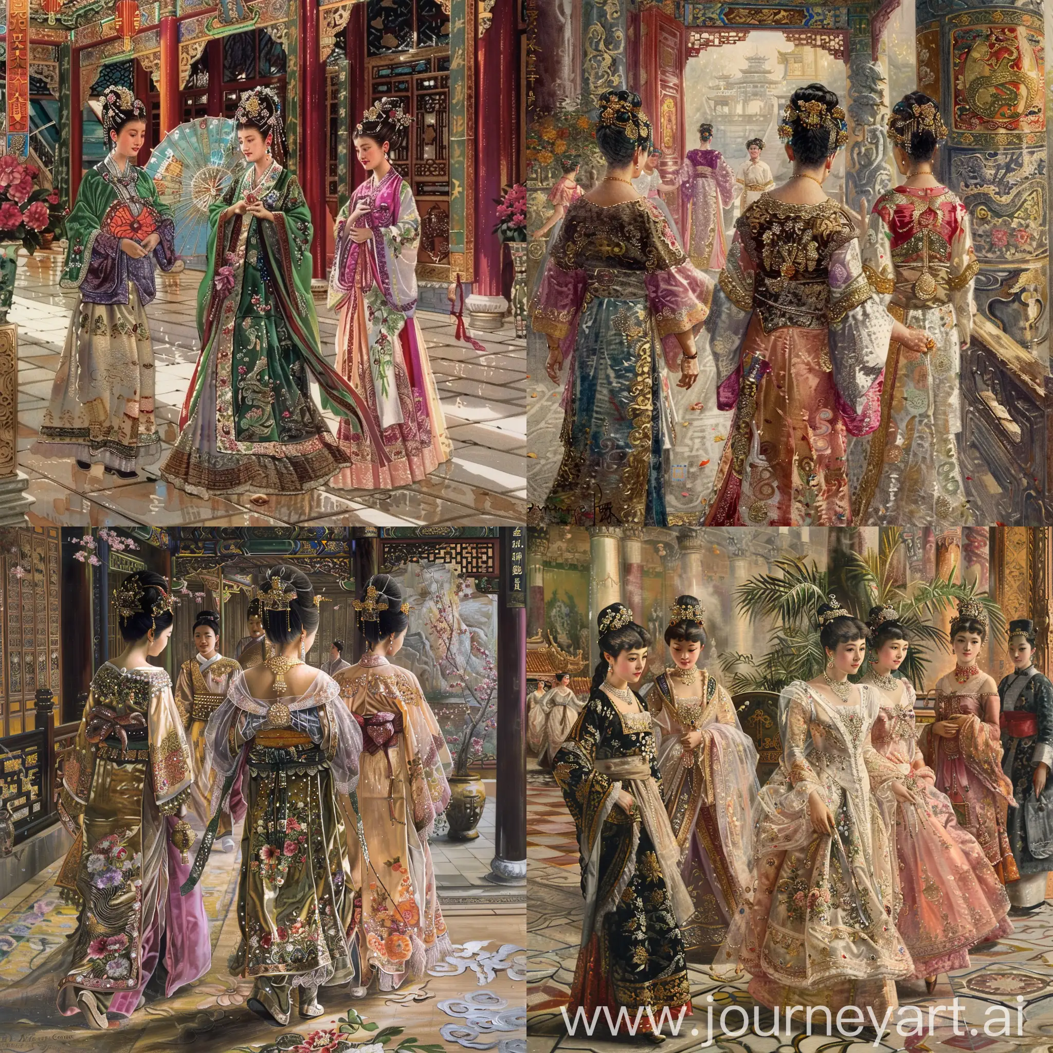 Empress-Dowager-Cixi-Walking-with-Maids-Opulent-Attire-and-Regal-Assistance