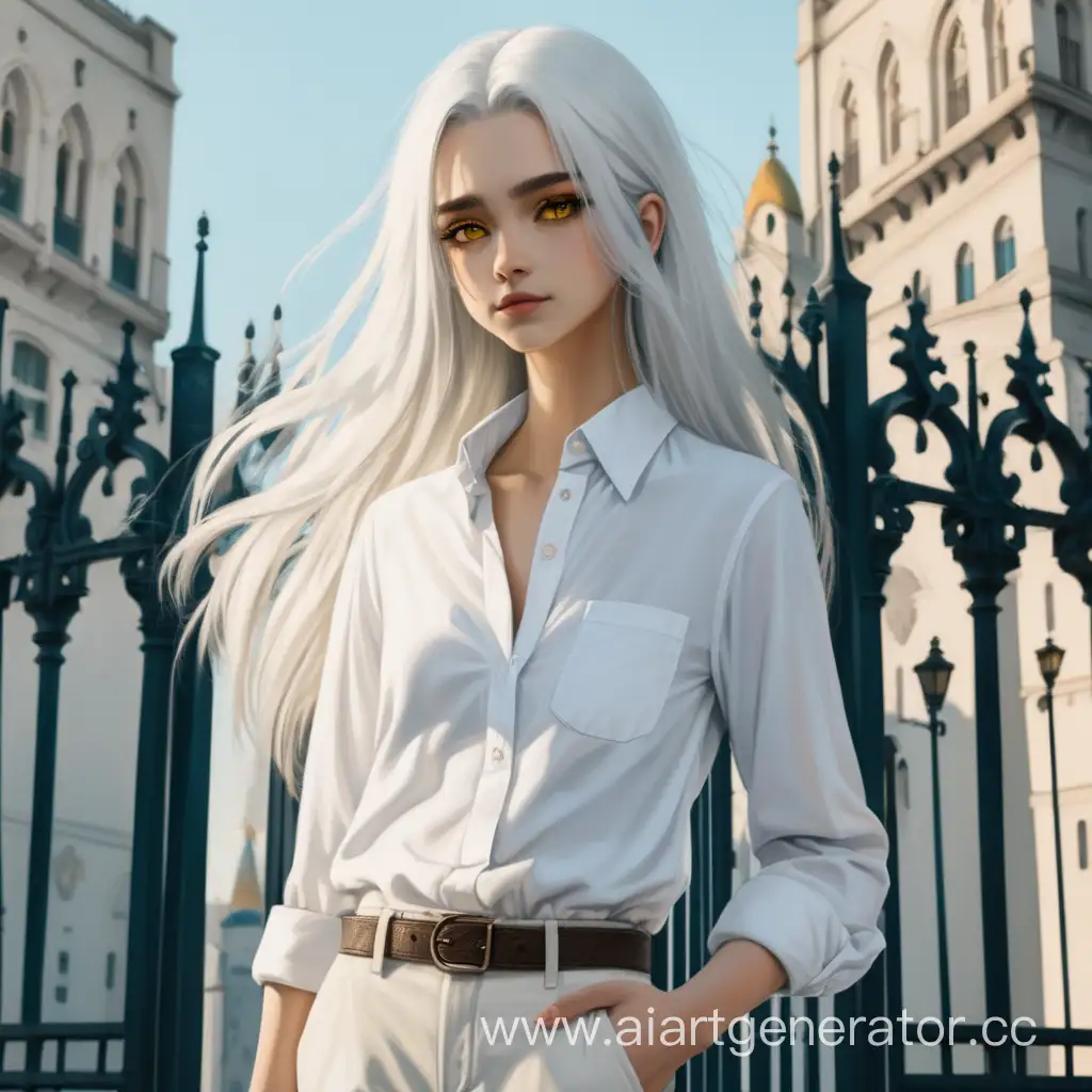 Urban-Guardian-Tall-Girl-with-Long-White-Hair-Stands-by-City-Gates