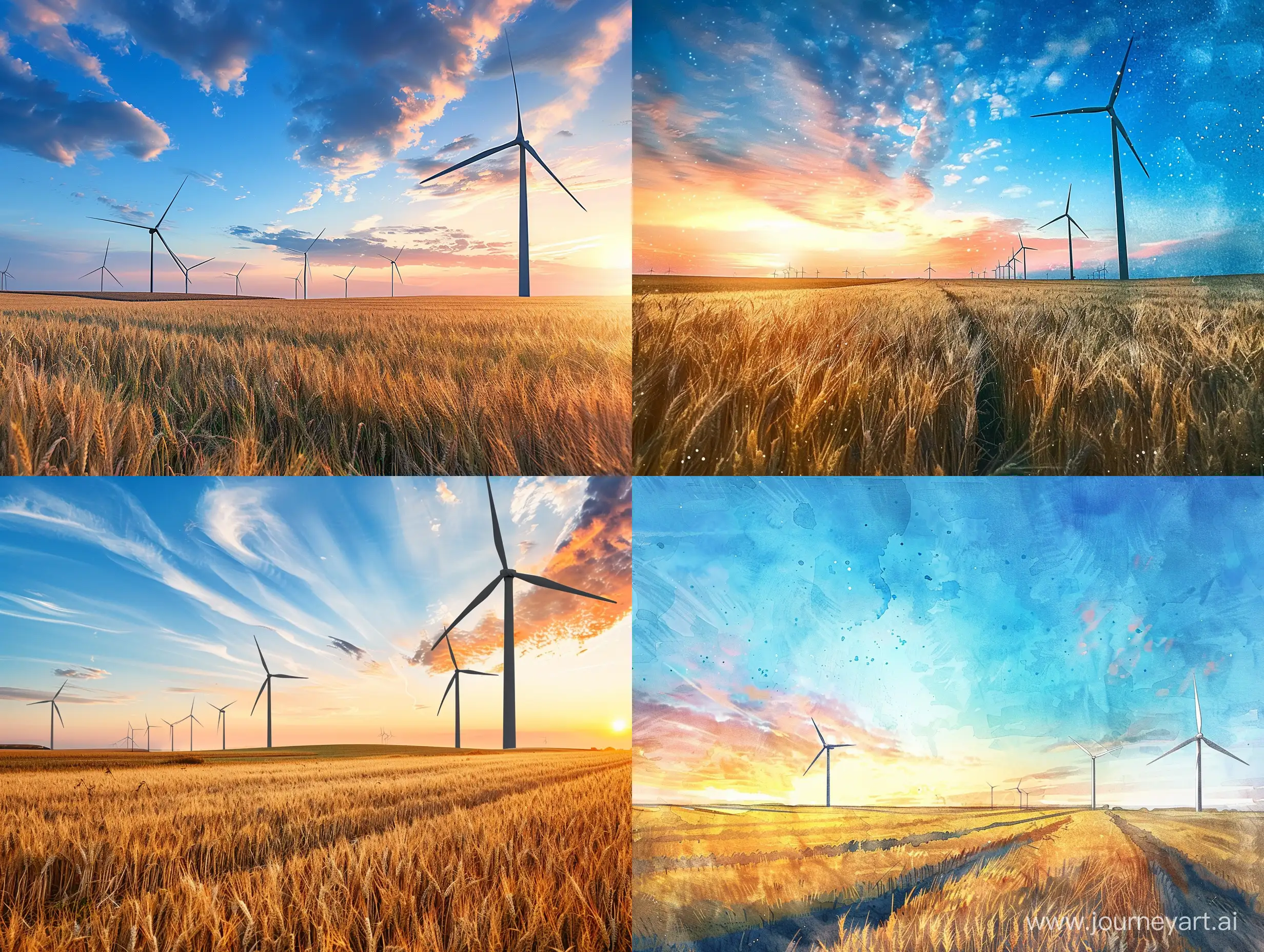 Sunset-Wind-Turbines-on-Wheat-Field-Watercolor-Landscape-by-Victor-Ngai