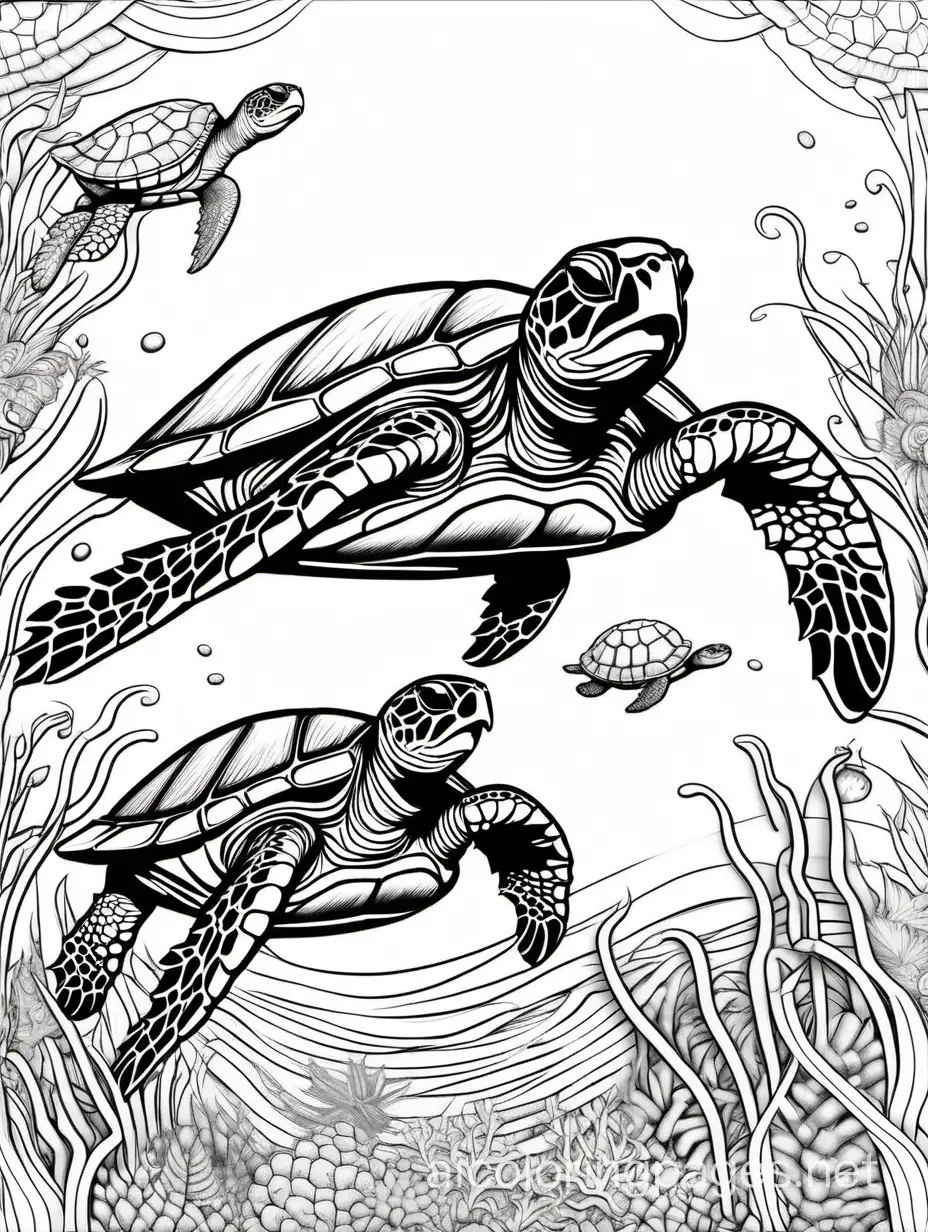sea turtle, Coloring Page, black and white, line art, fine art, masterpiece, white background, intricate, Ample White Space. The background of the coloring page is plain white to make it easy to color within the lines. The outlines of all the subjects are easy to distinguish, making it easy to color without too much difficulty, Coloring Page, black and white, line art, white background, Simplicity, Ample White Space. The background of the coloring page is plain white to make it easy for young children to color within the lines. The outlines of all the subjects are easy to distinguish, making it simple for kids to color without too much difficulty