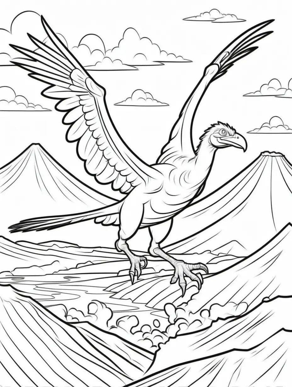 Cartoon Ornithocheirus Flying Over Volcano Coloring Page for Kids
