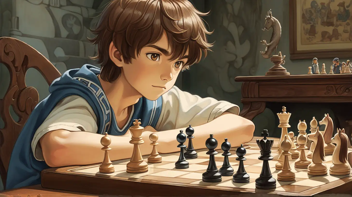 Joyful BrownHaired Boy Engaged in Fantasy Chess Play Enchanting GhibliInspired Game Poster