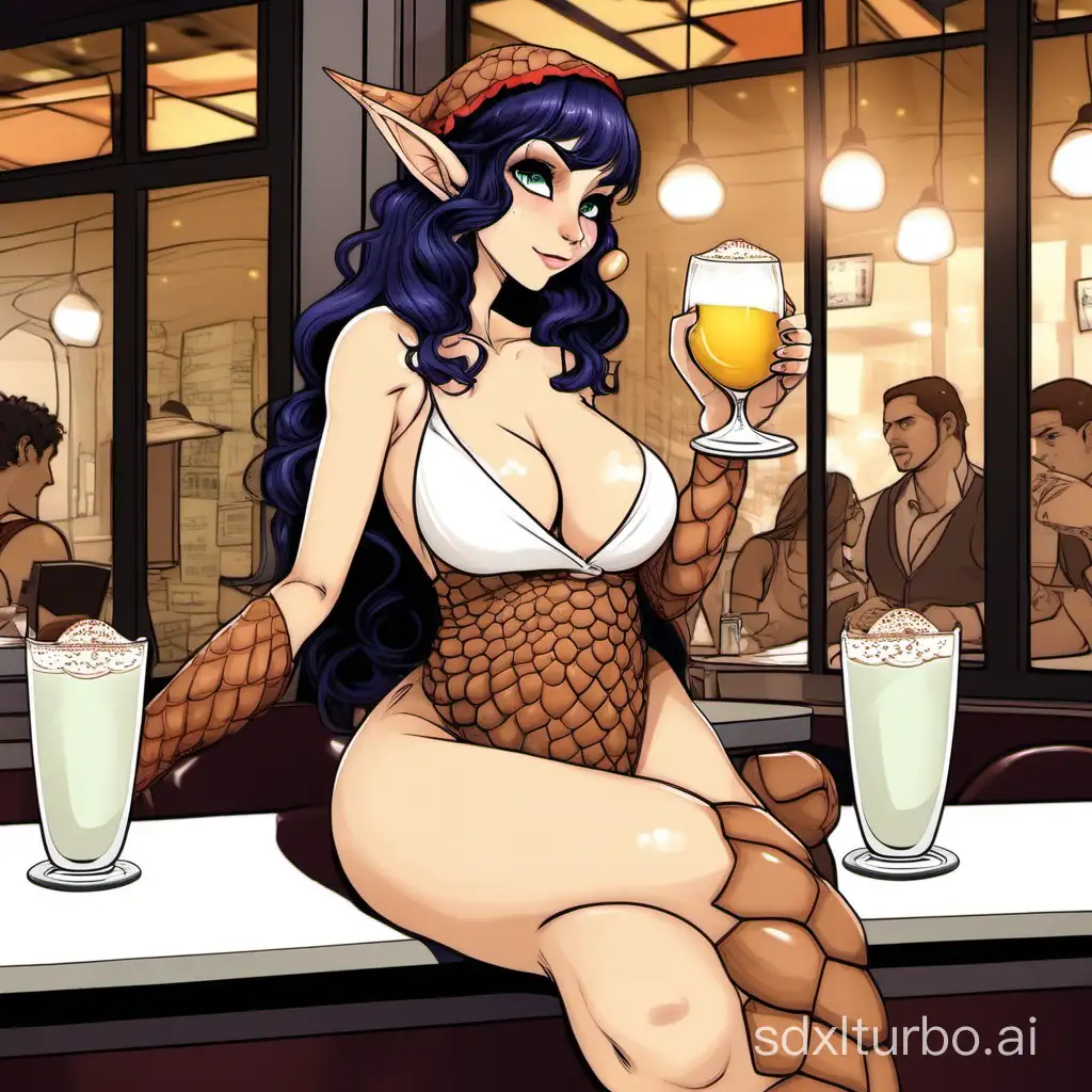 a busty spanish elf girl in a revealing, deep v pangolin dress drinking a glass of eggnogg in a cafeteria, sexy, thick thighs