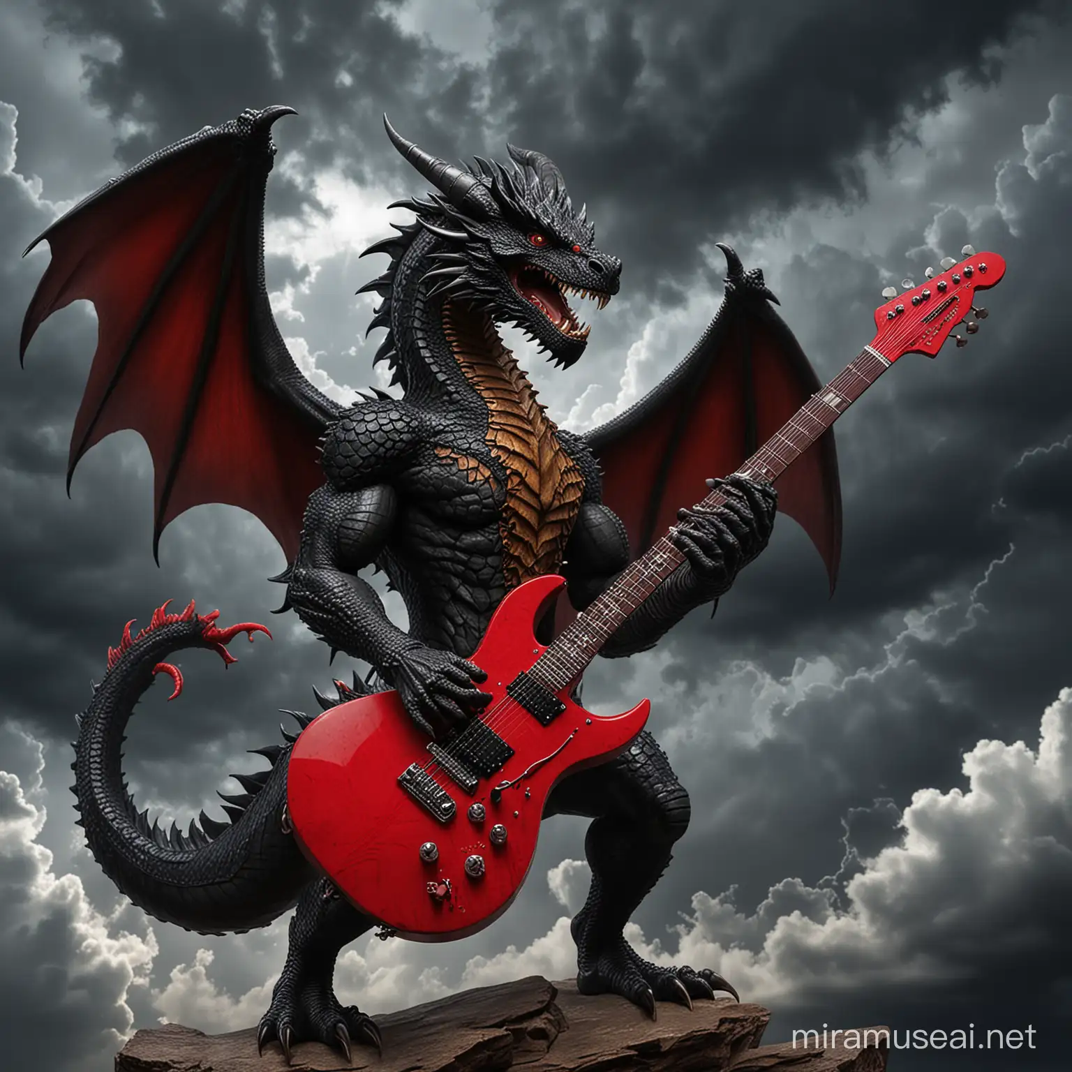 dragón negro tocando una guitarra eléctrica roja de puntas, con un fondo de tormenta