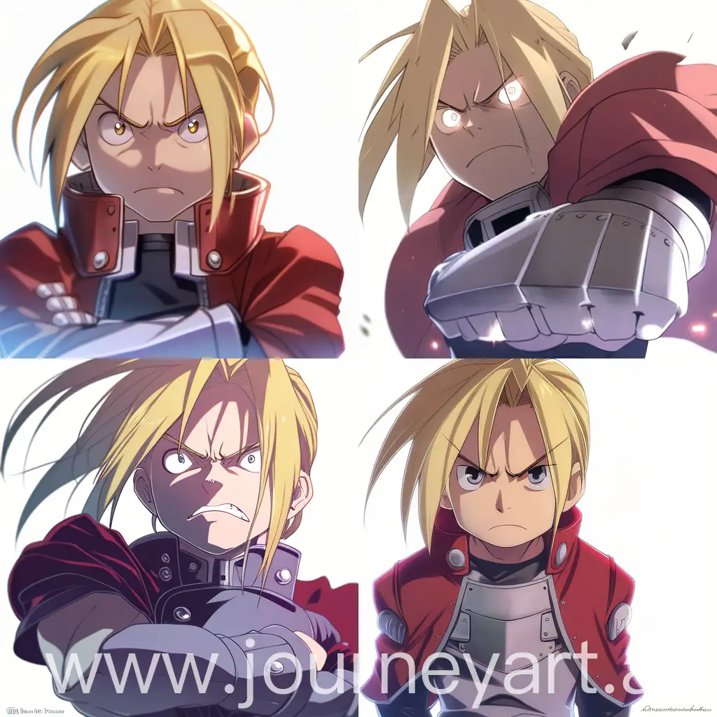 Edward Elric from the anime Fullmetal Alchemist stands with an angry gaze against a white background