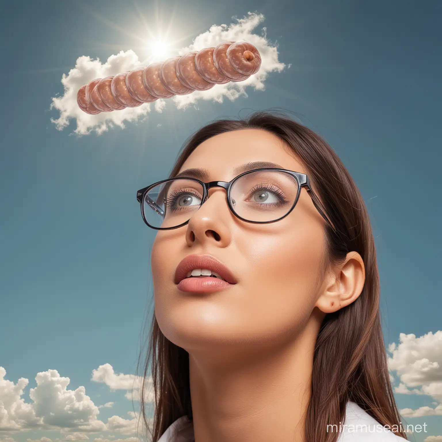 women looking in the sky with glasses made of sausage