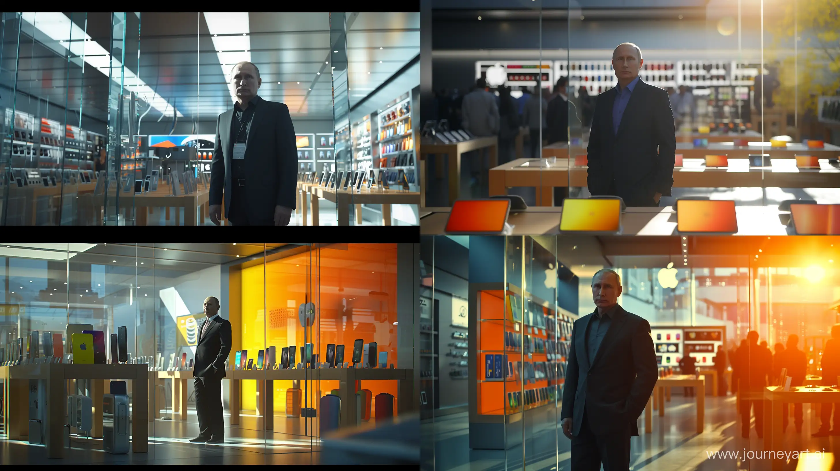 Vladimir Putin at the Apple Store. The scene takes place inside a store where Putin stands among bright and
modern gadgets. He is wearing a dark suit that contrasts with the bright colors of the equipment around him. Lighting
bright and clean, the sun's rays penetrate through the glass walls, creating a play of light and shadow. The image should be
rendered with high resolution and clear lines to emphasize the modern and technological nature of the scene.
The mood of the scene is impressive and powerful, capturing the power of technology and Putin's influence in this world --ar 16:9 --v 6.0 --q 2