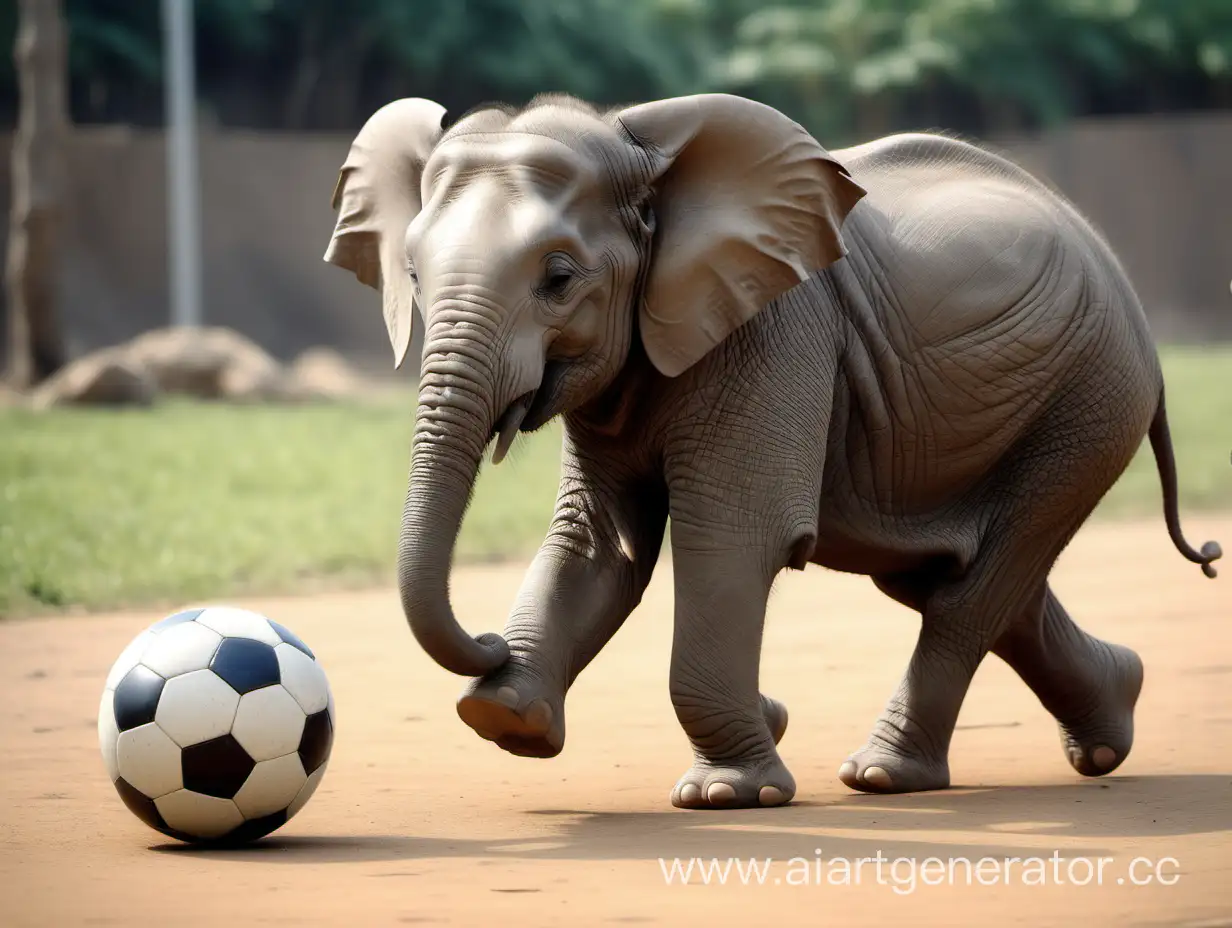 A little elephant is playing soccer with a big ball, and the ball is rolling somewhere far away