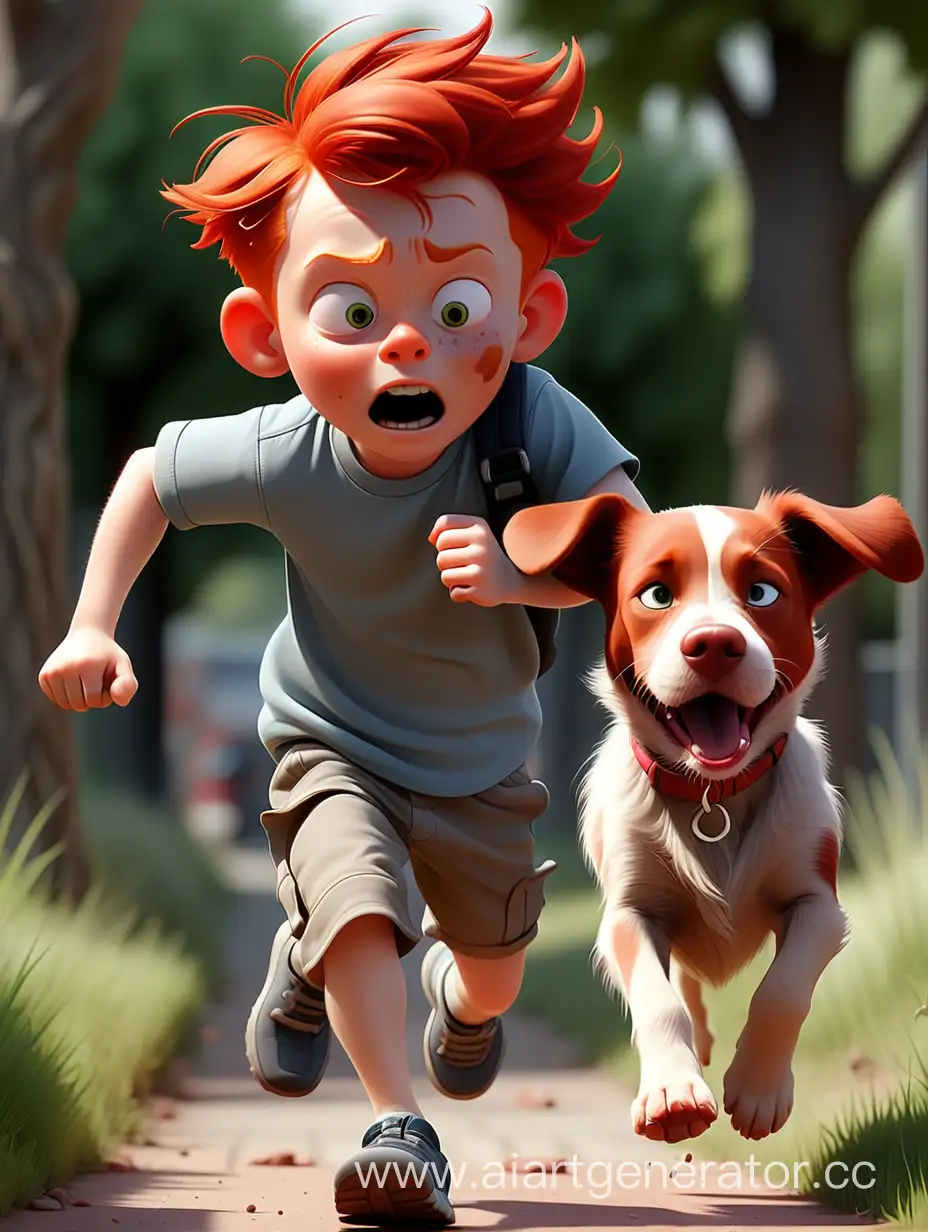 A little boy with red hair was running and fell. and his dog bit his ear. 