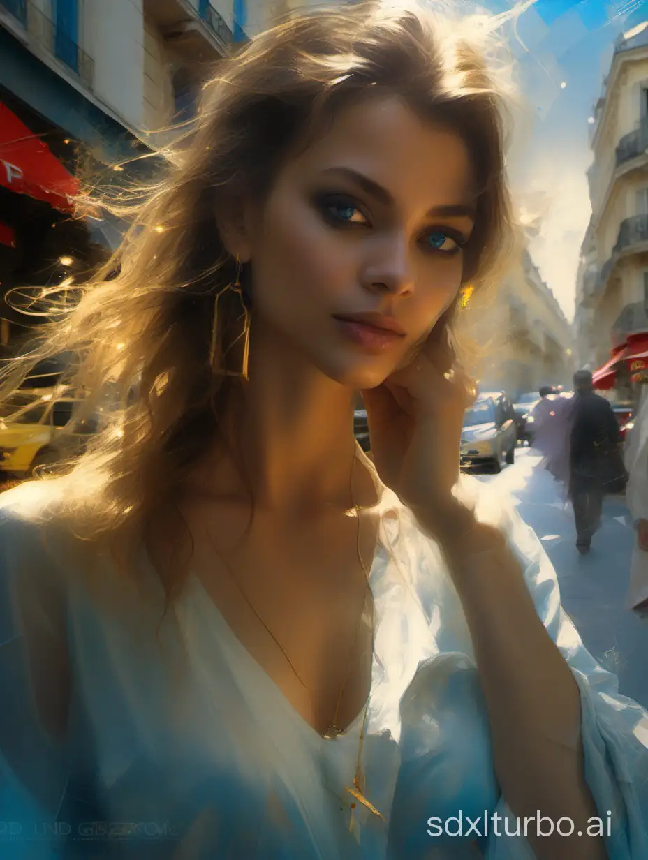 Pino Daeni concept art, Jeremy Mann, Greg Rutkowski, Konstantin Razumov, Vladimir Volegov, Realistic close-up portrait of a model, 8k, beautiful woman black with soft blue eyes, Black and gold Spirit, golden threads, beautiful natural landscape background on Paris, key light reflected in eyes, painted background, studio portrait, soft light, bevel lighting, eye twinkle, bokeh background, picturesque, buff painting, (detailed faces: 1. 3), (Detailed Eyes: 1.3 <lora:epiNoiseoffset_v2:1>, 8K, HDR, RGB, Ultra-HD, Broken Glass effect, no background, stunning, something that even doesn't exist, mythical being, energy, molecular, textures, iridescent and luminescent scales, breathtaking beauty, pure perfection, divine presence, unforgettable, impressive, breathtaking beauty, Volumetric light, auras, rays, vivid colors reflects