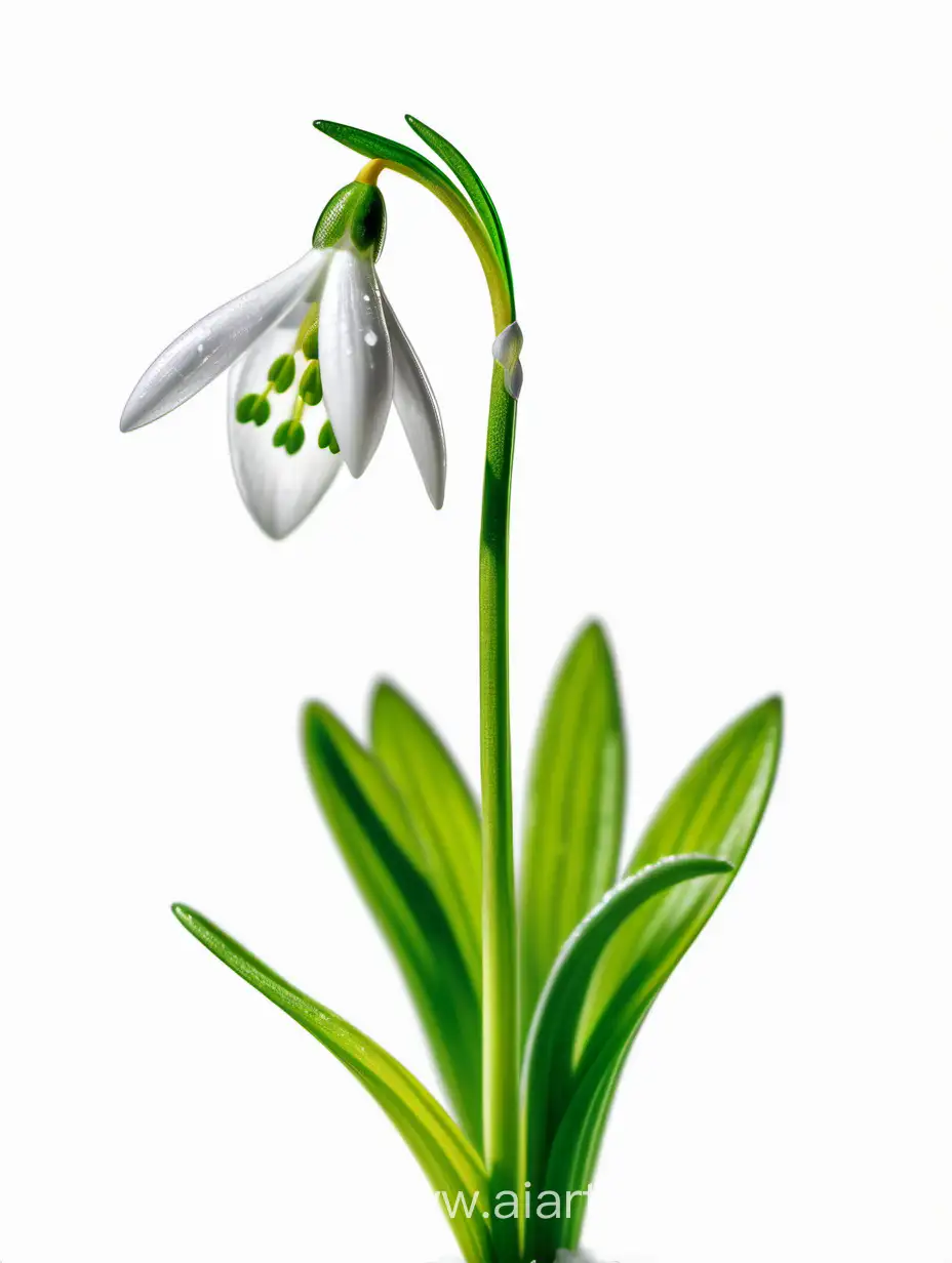 Snowdrop wild flower 8k ALL FOCUS with natural fresh green leaves on white background 