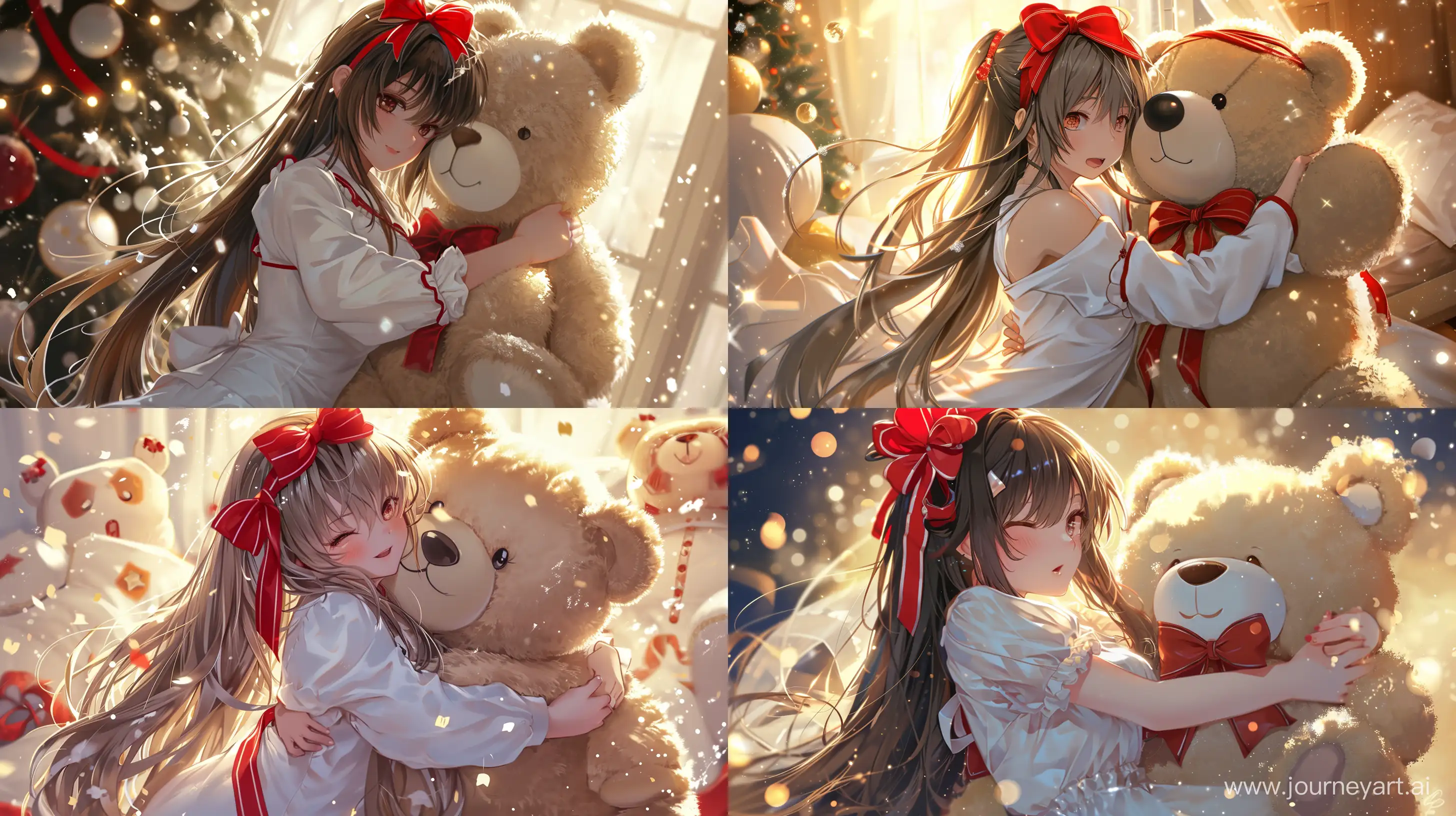 splash art, cute anime character, best quality, a woman with long hair and red ribbon on her head hug a big teddy bear, dynamic shot, dutch shot, white nightgown, beautiful girl, ultra detailed, mesmerizing, gravure idol  --q 2 --ar 16:9 --v 6