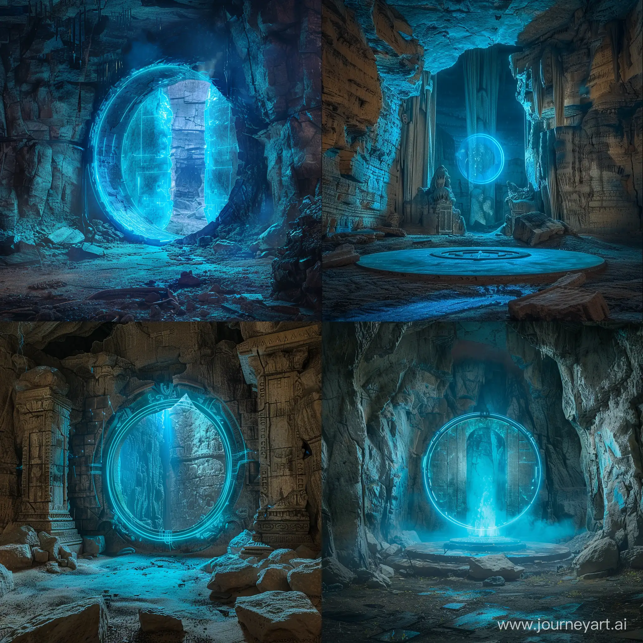 ancient dungeon, mystery, photorealism, magic blue light, ancient arcitecture, abandoned cave, big round room, ancient large magic gates in center, rock walls