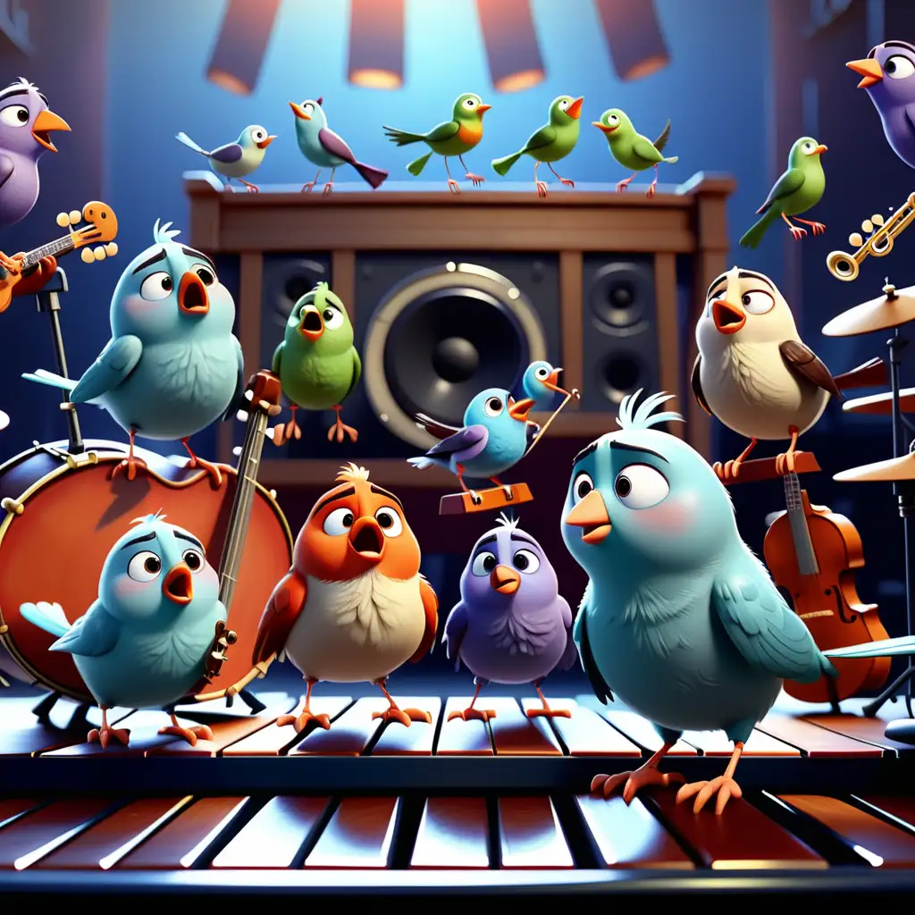 Pixar Style Birds Playing Musical Instruments on a Big Stage