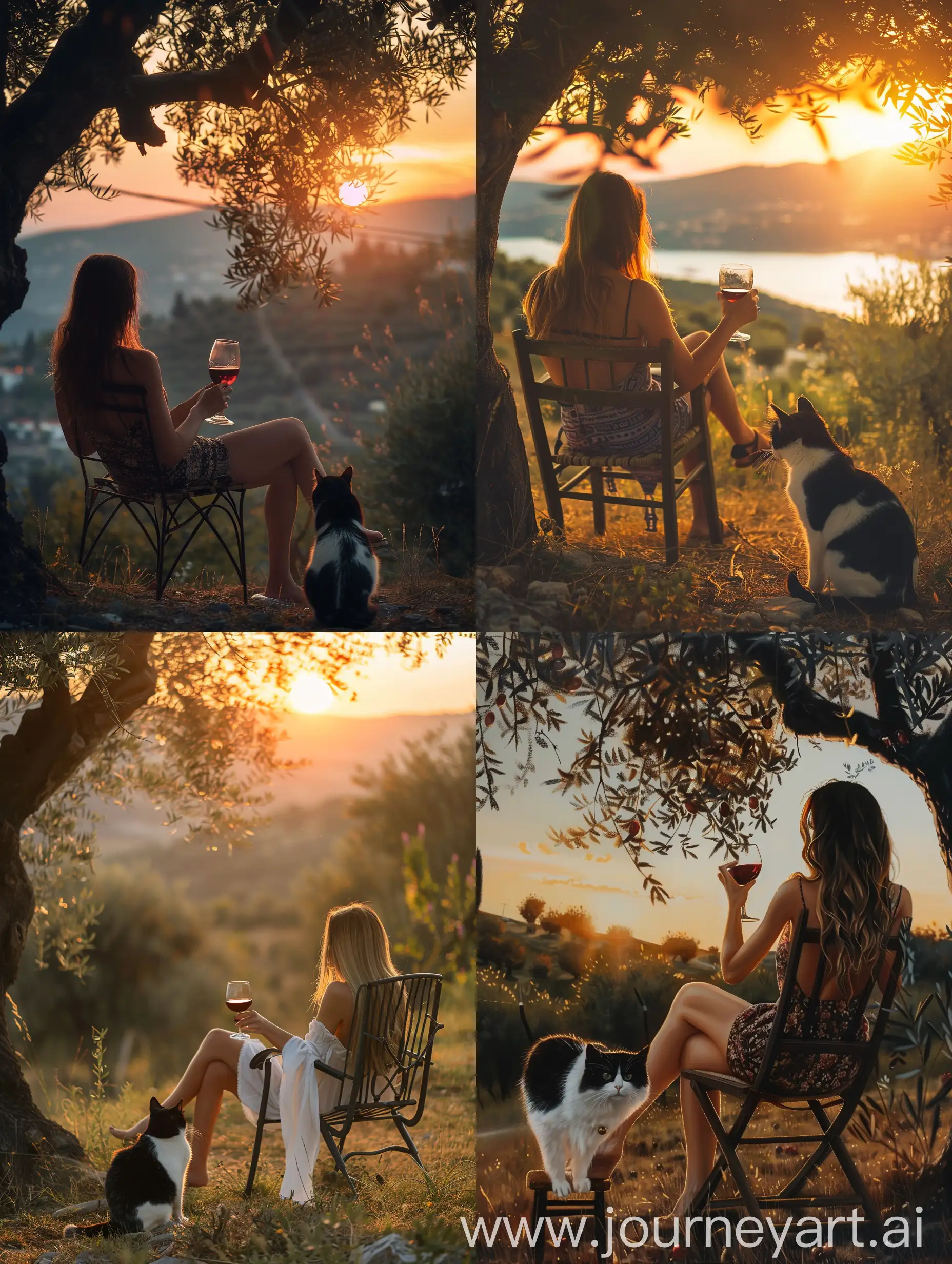 Young beautiful woman sitting on a chair under the olive tree drinking red wine and watching sunset with a black and white cat