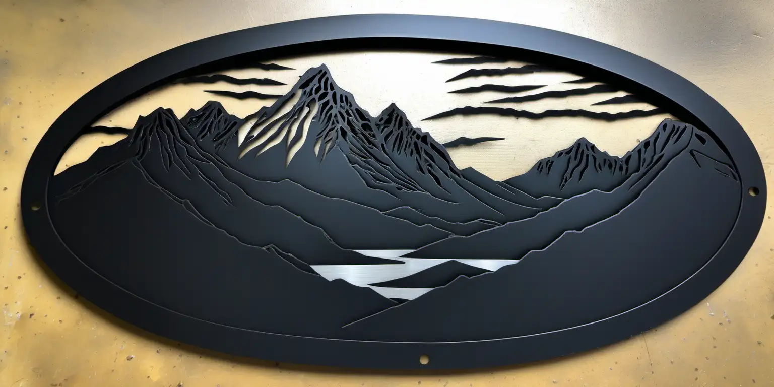 Mountain Landscape Plasma Cut Black Steel Oval Artwork