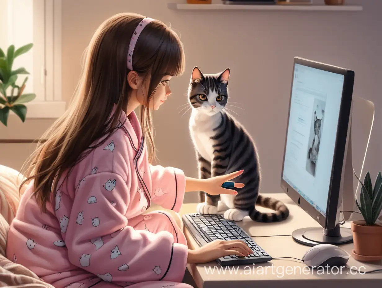 Adorable-Girl-in-Pajamas-with-Cat-Working-on-Computer-at-Home