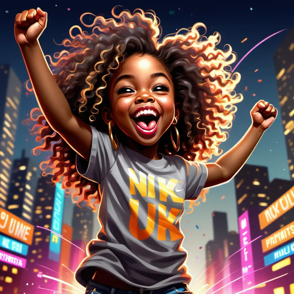 This is a vibrant and playful digital artwork of a young African American girl. She has a joyful expression on her face with her tongue out and is raising one arm in a celebratory gesture. Her large, curly hair is full and voluminous, framing her face beautifully. She is wearing a grey T-shirt, gold hoop earrings, and bright, colorful Nike sneakers. The background depicts a dynamic cityscape with skyscrapers and a burst of neon lights, giving the impression of energy and excitement. The overall feel of the image is cheerful and exuberant.