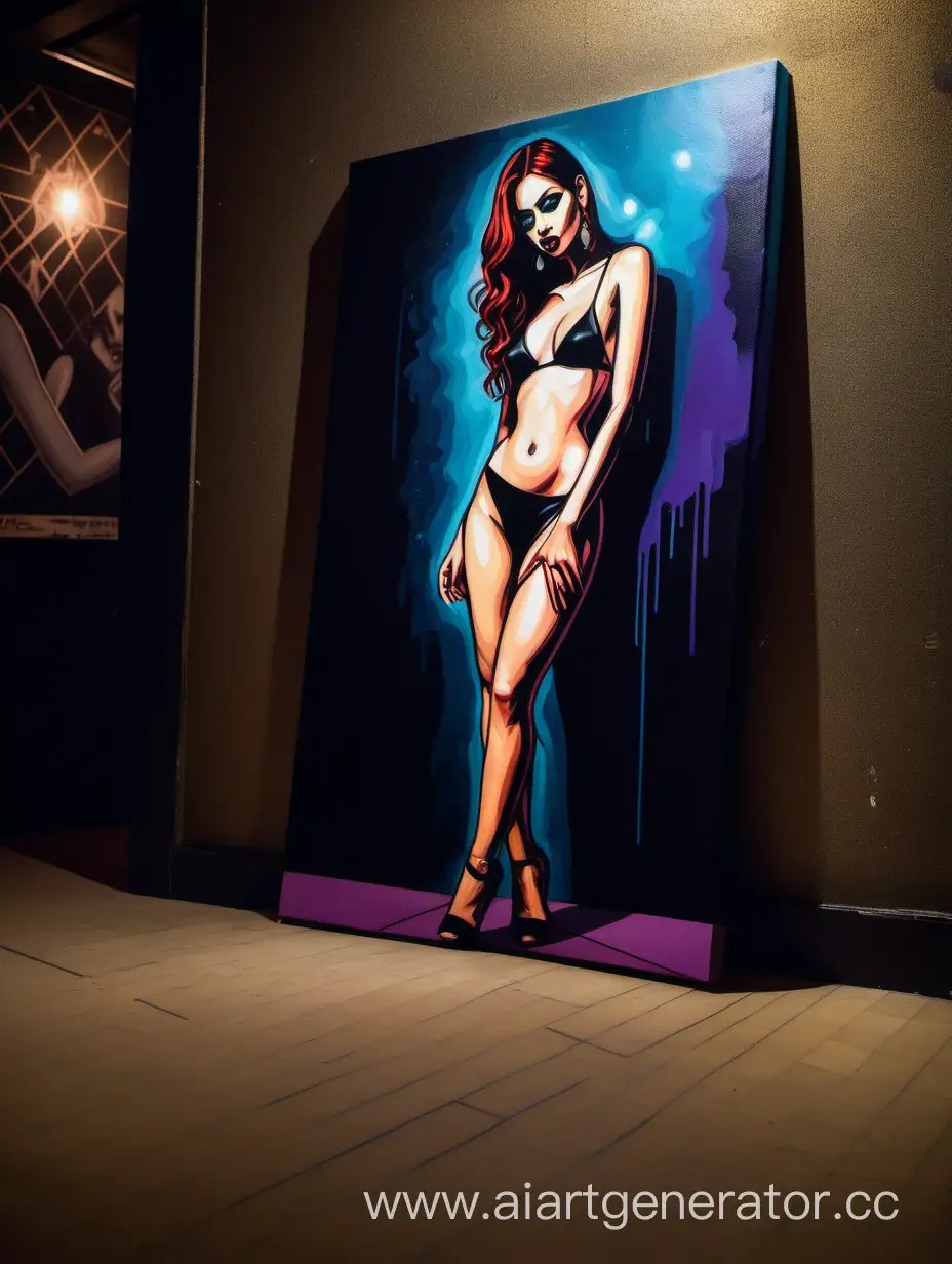 A painting on canvas standing on the floor, leaning against the wall in a nightclub