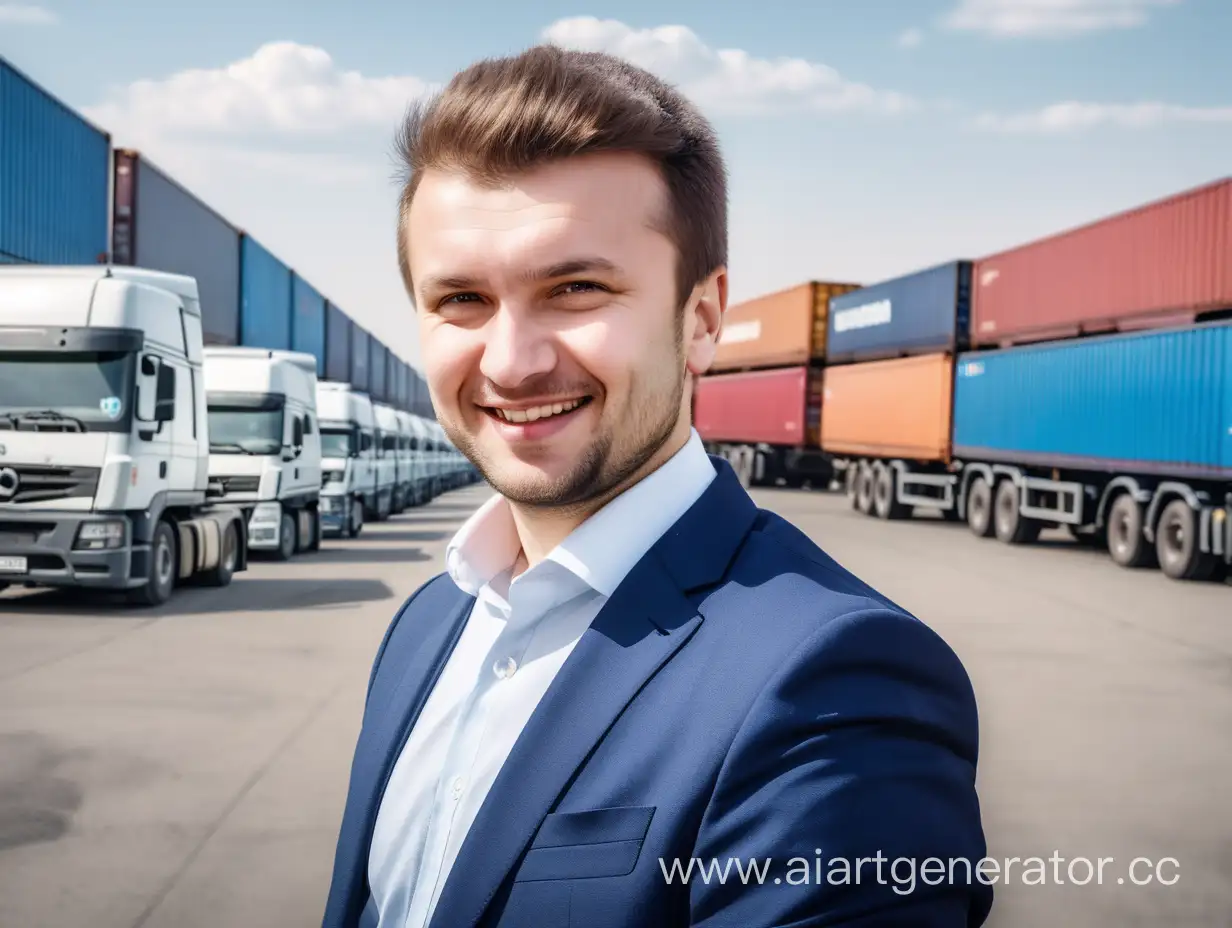 happy Russian manager in transportation logistics, 30 years old with hair. surrounded by new freight vehicles