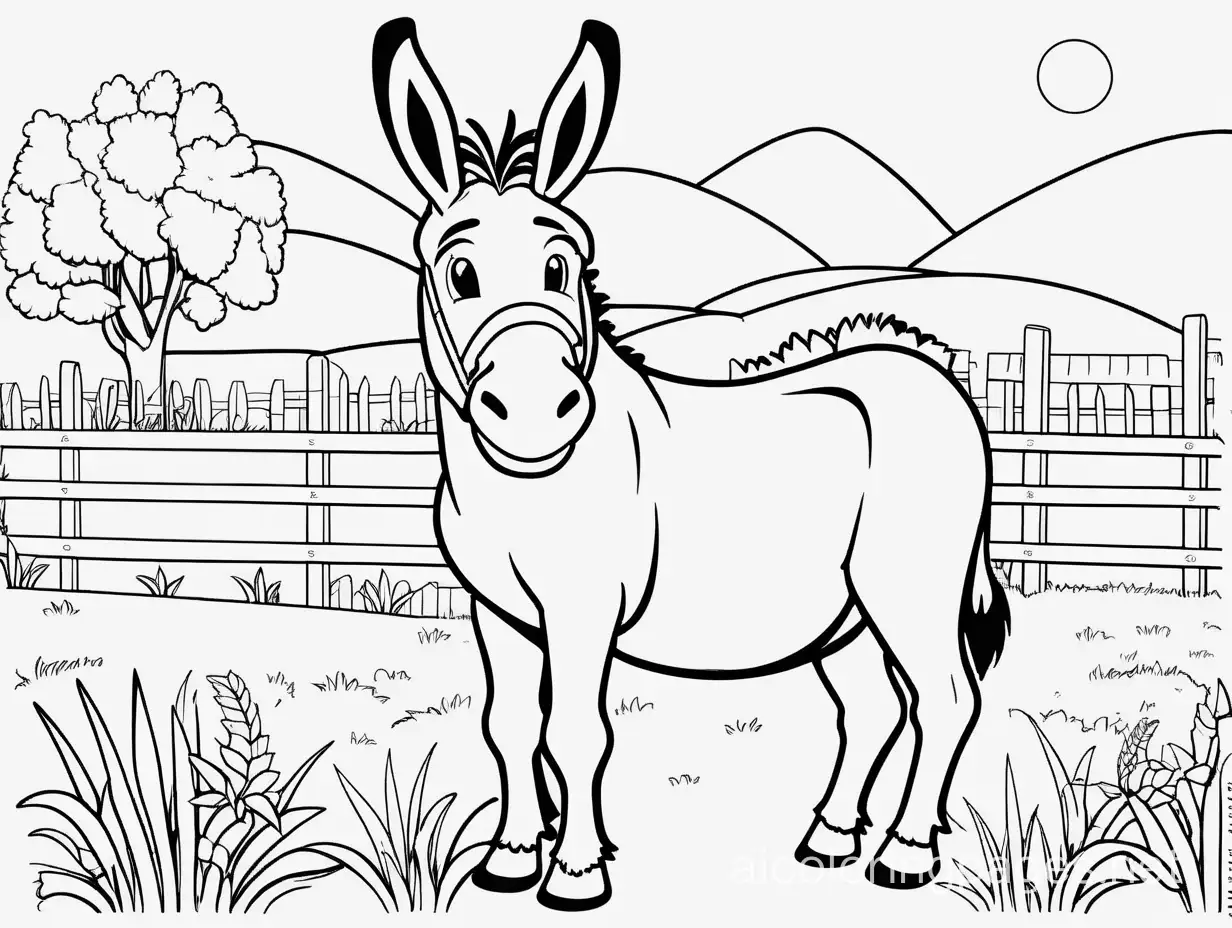 Donkey in farm, Coloring Page, black and white, line art, white background, Simplicity, Ample White Space. The background of the coloring page is plain white to make it easy for young children to color within the lines. The outlines of all the subjects are easy to distinguish, making it simple for kids to color without too much difficulty