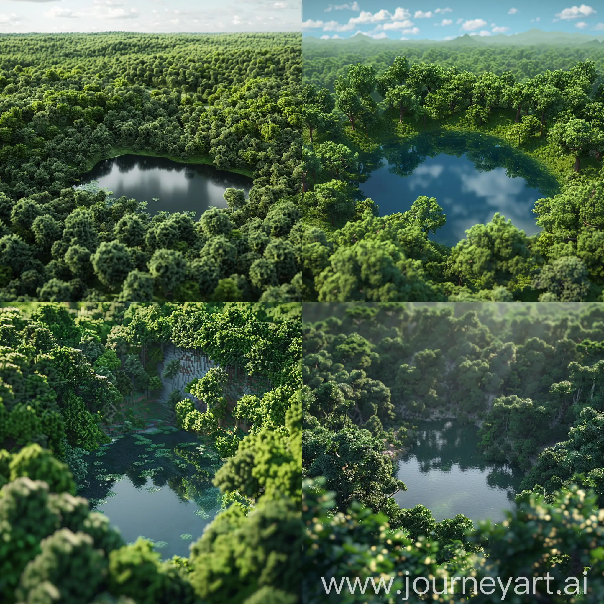 generate a forest with a pond or river that is viewed from afar like with a bird's eyeview
