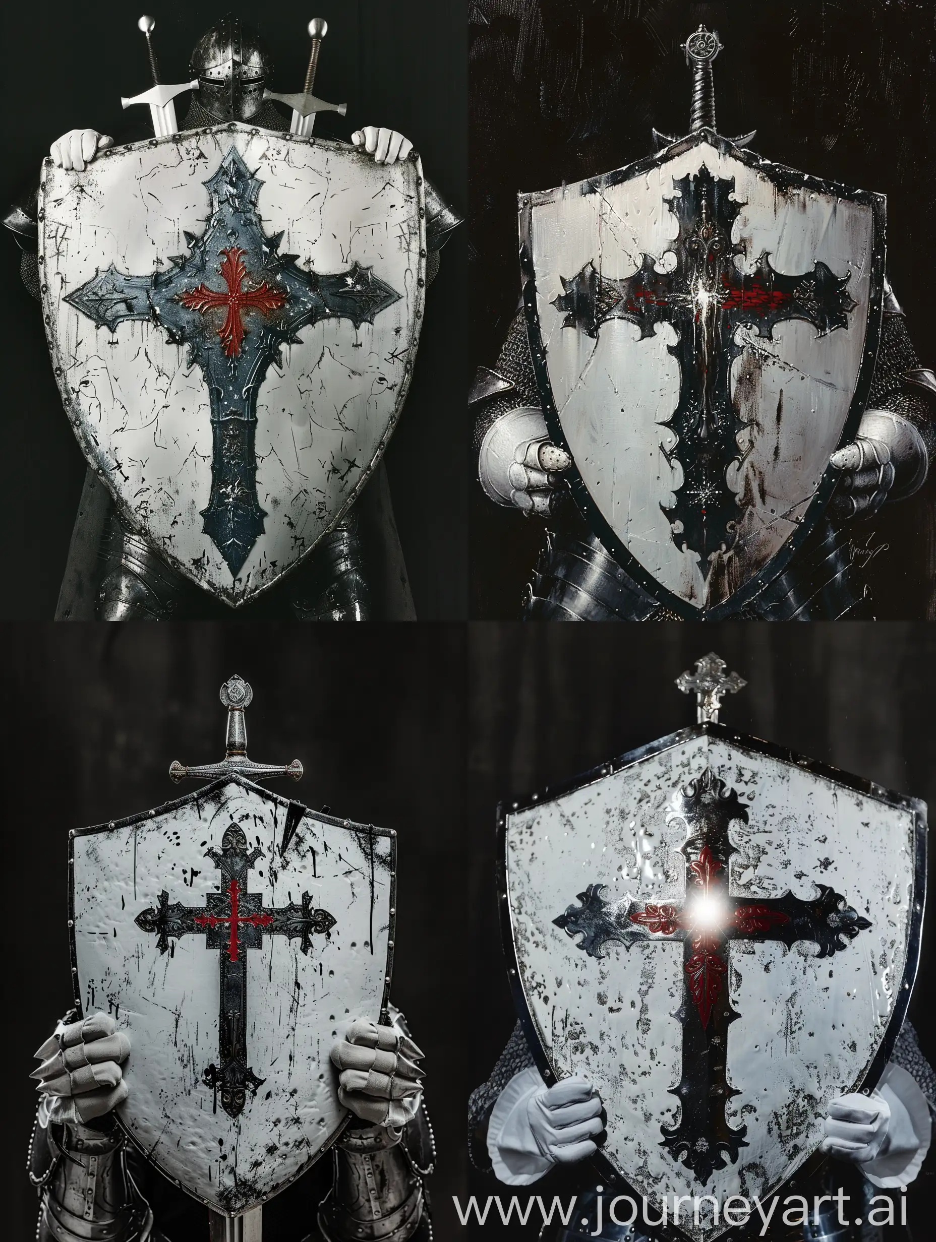 Белый серебряный щит рыцаря с черными краями, за щитом серебряный меч а, меч держат латные перчатки белого цвета, на щите изображён красный крест от которого исходит белый свет. 

