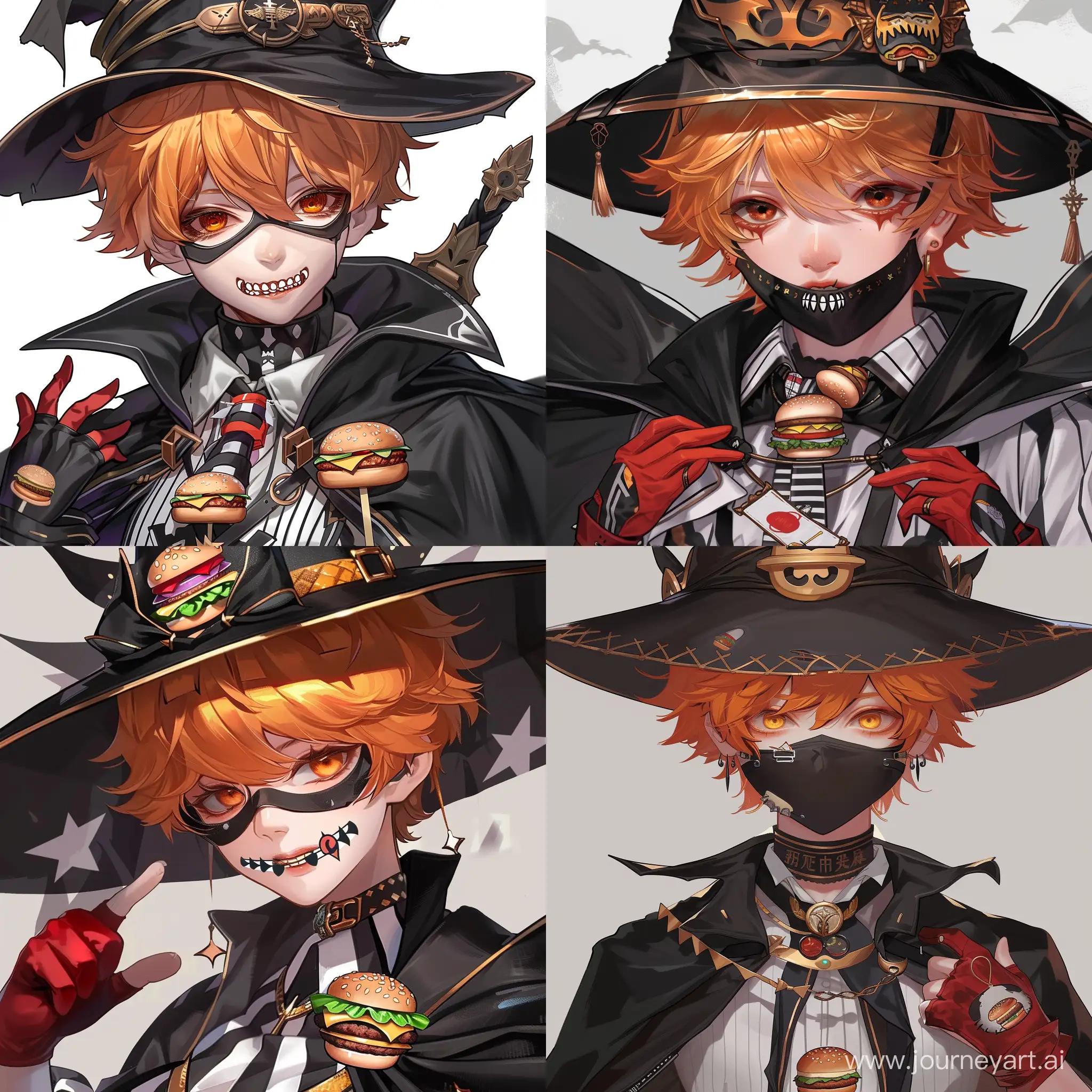 In the artstyle of a Chinese MMORPG. Young, handsome man. Short, orange hair. He wears a black, long rimmed hat. He wears a black eye mask. He wears a black and white striped shirt and wears red gloves. He is bucktoothed. He wears a tie with hamburgers on it. He wears a black cape.