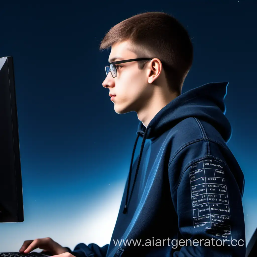 student, programmer in profile in dark clothes (jeans, sweatshirt), , which is against the background of a dark blue sky with computers and codes 