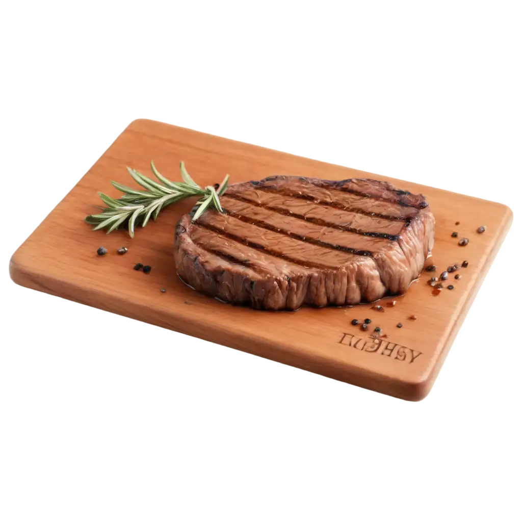 a juicy steak with a sprig of rosemary lies on a wooden countertop