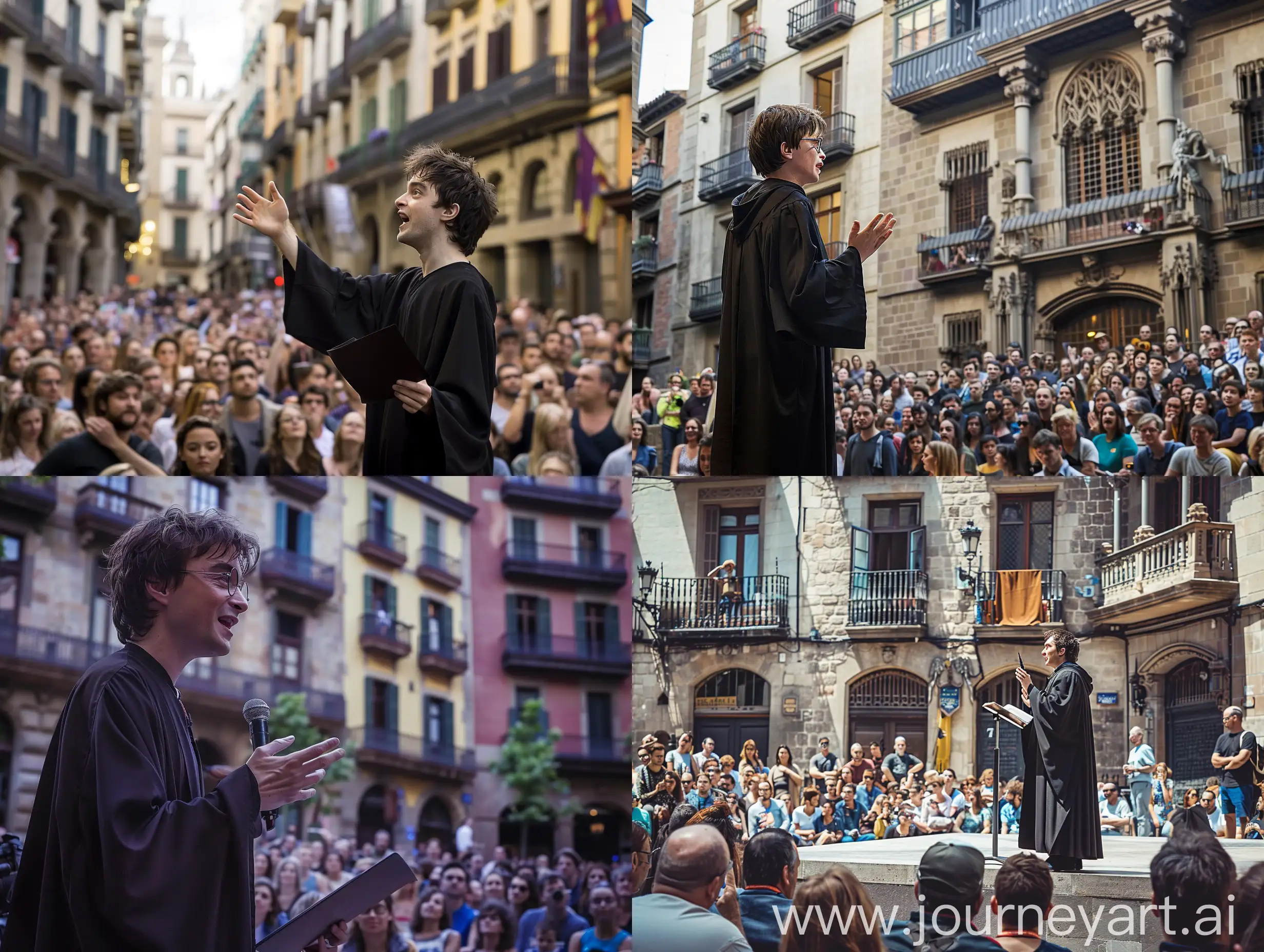 Harry Potter is giving a speech in the centre of Barcelona in the summer, very detailed photo