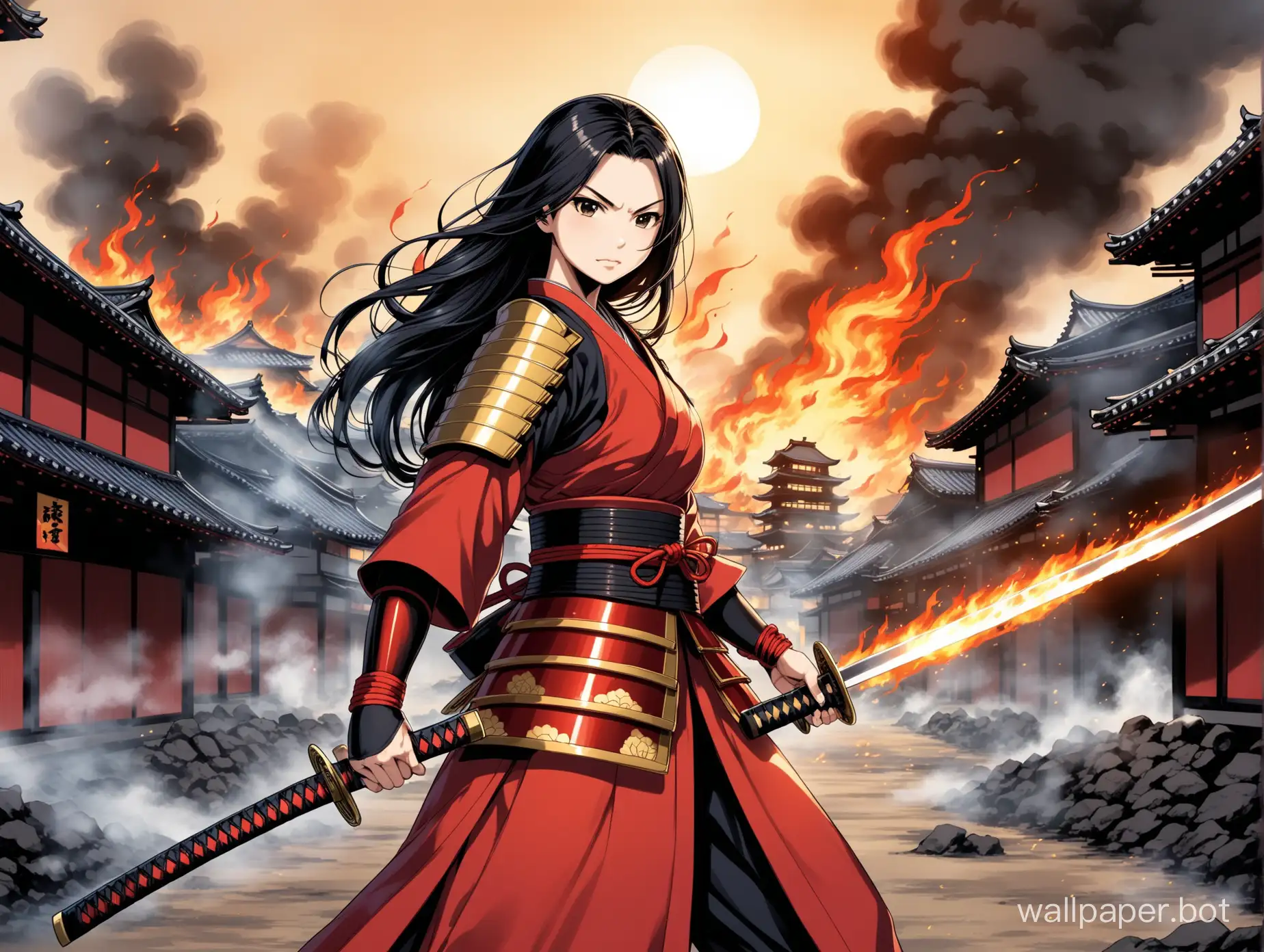 Fiery-Female-Samurai-in-Red-Armor-Amidst-Burning-Edo-City