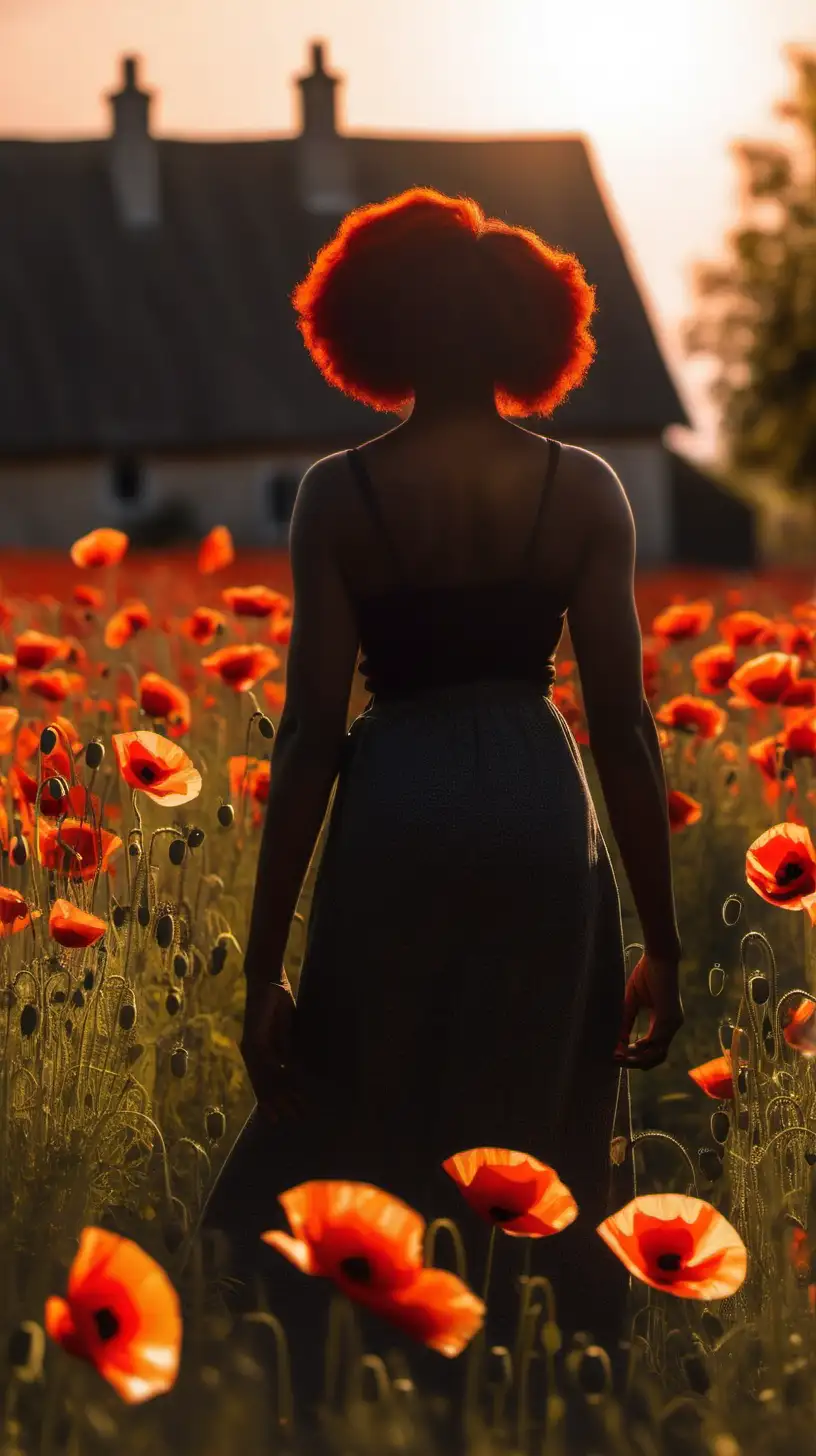 Black woman poppy field cottage backlight back
