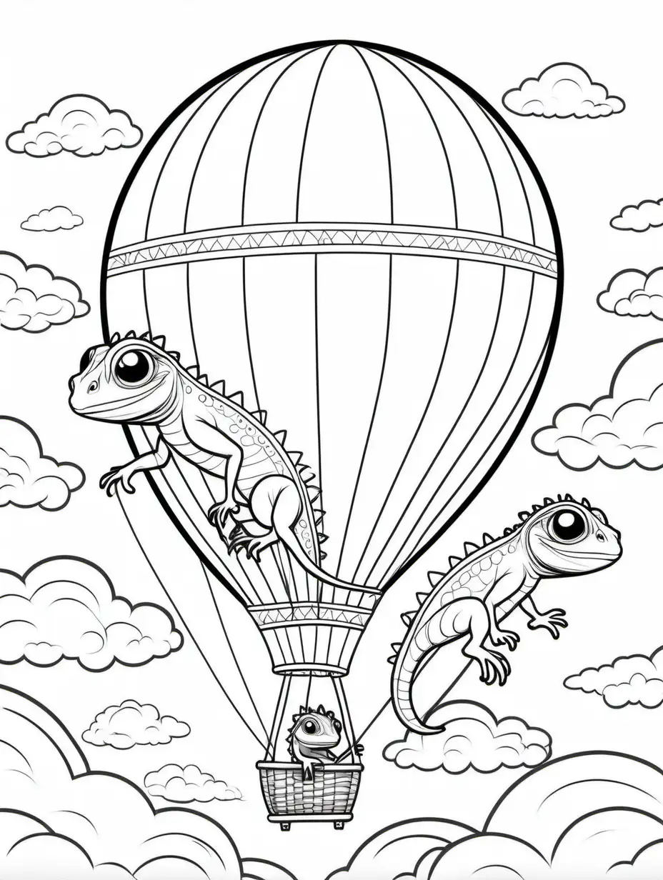 simple black and white line art of dreams for a kids coloring book. Two lizards with big eye traveling in a hot air balloon. Clouds. with white bakground.