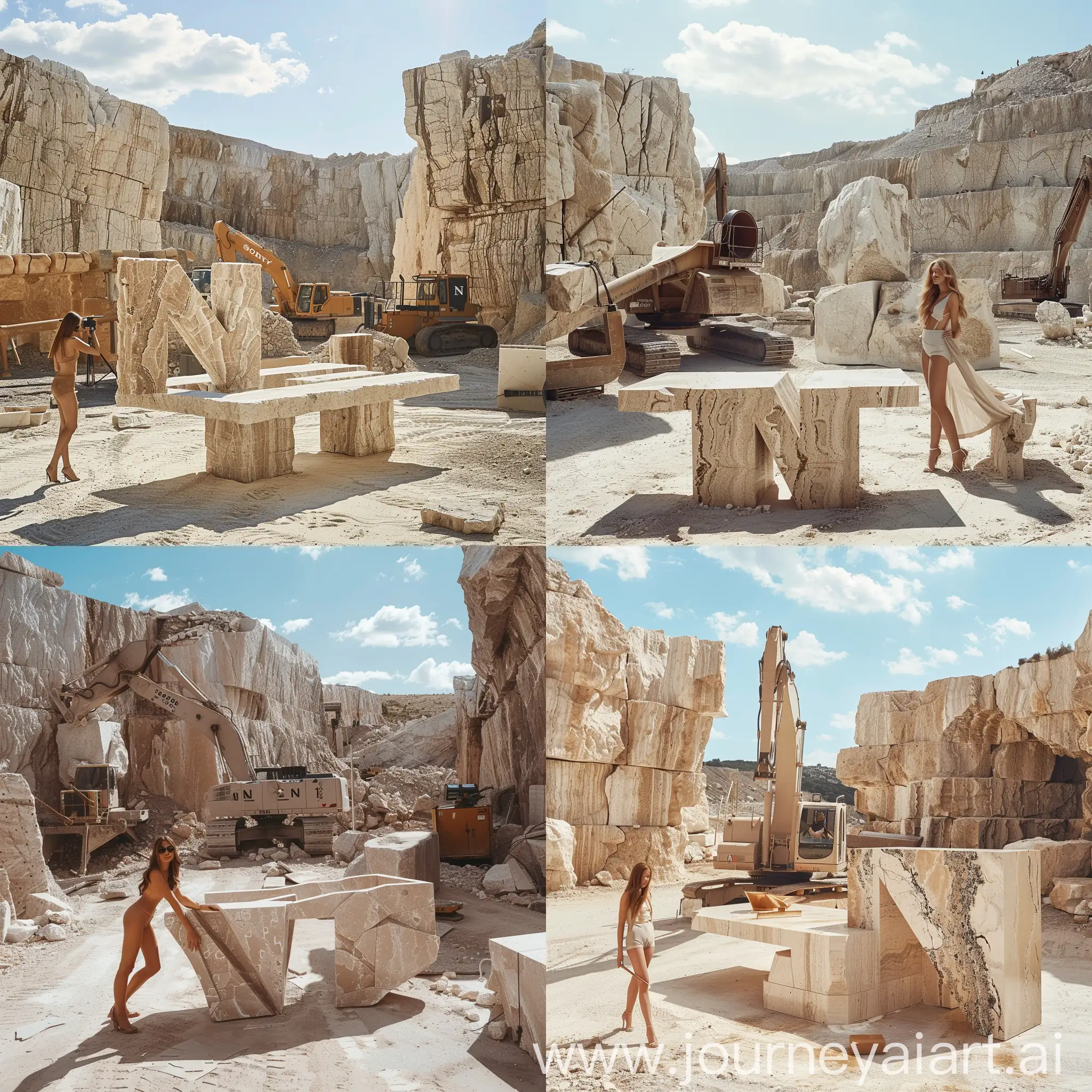 In a travertine stone quarry, under a sunny sky, amidst the hustle of heavy machinery and massive travertine stone walls, there is a photo shoot setup around a sophisticated travertine table. The professional production team is using high-end full-frame cameras like the Sony Alpha A1 to capture the scene. In the foreground, a female model tries to pose next to the table, while a large travertine block shaped into the letter 'N' adds a decorative touch to the setting.
