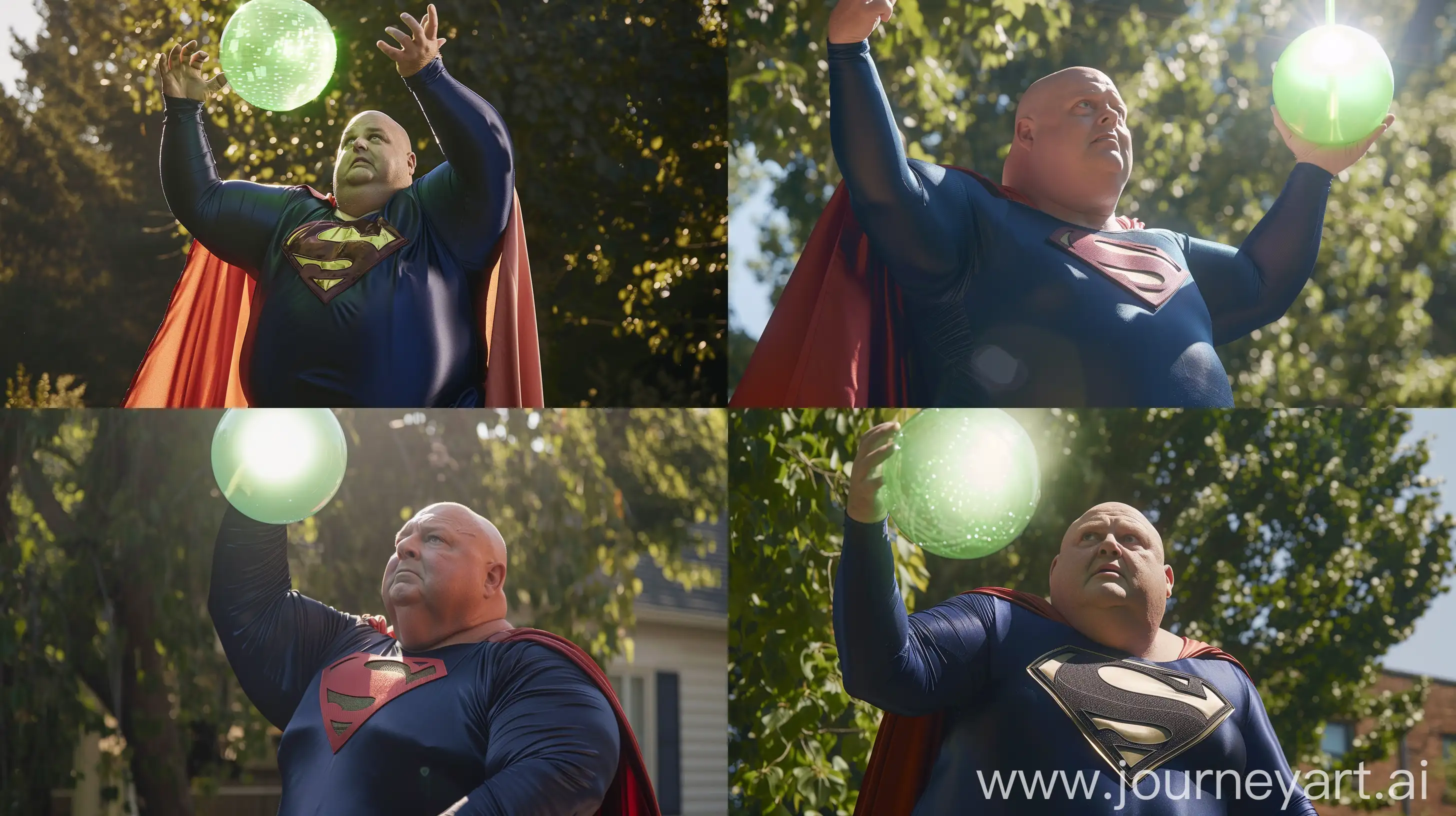 Front close-up photo of a fat man aged 60 wearing silk navy blue complete superman tight uniform with a large red cape. Lifting a bright green glowing ball off the ground. Outside. Bald. Clean Shaven. Natural light. --ar 16:9