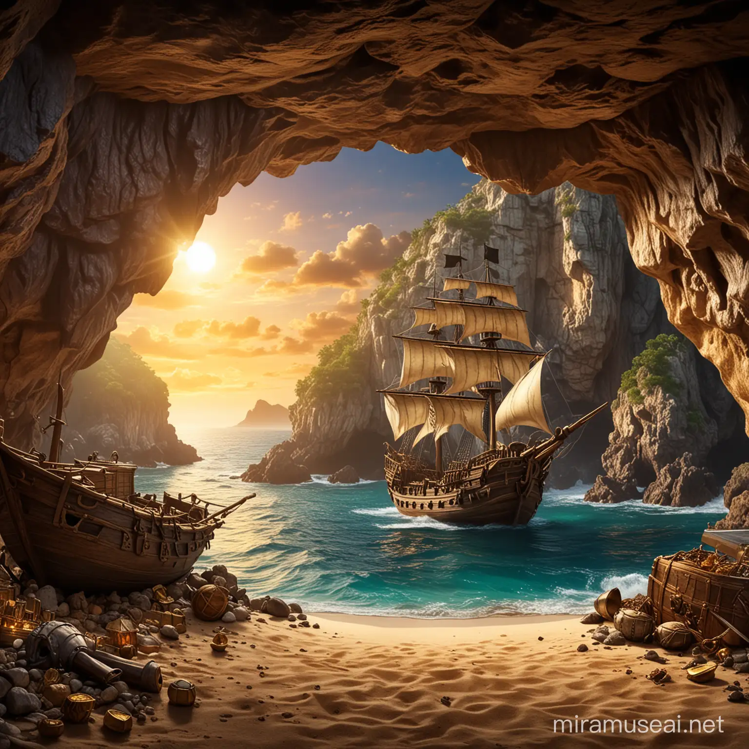 Pirate Treasure Cave with Ship in Background