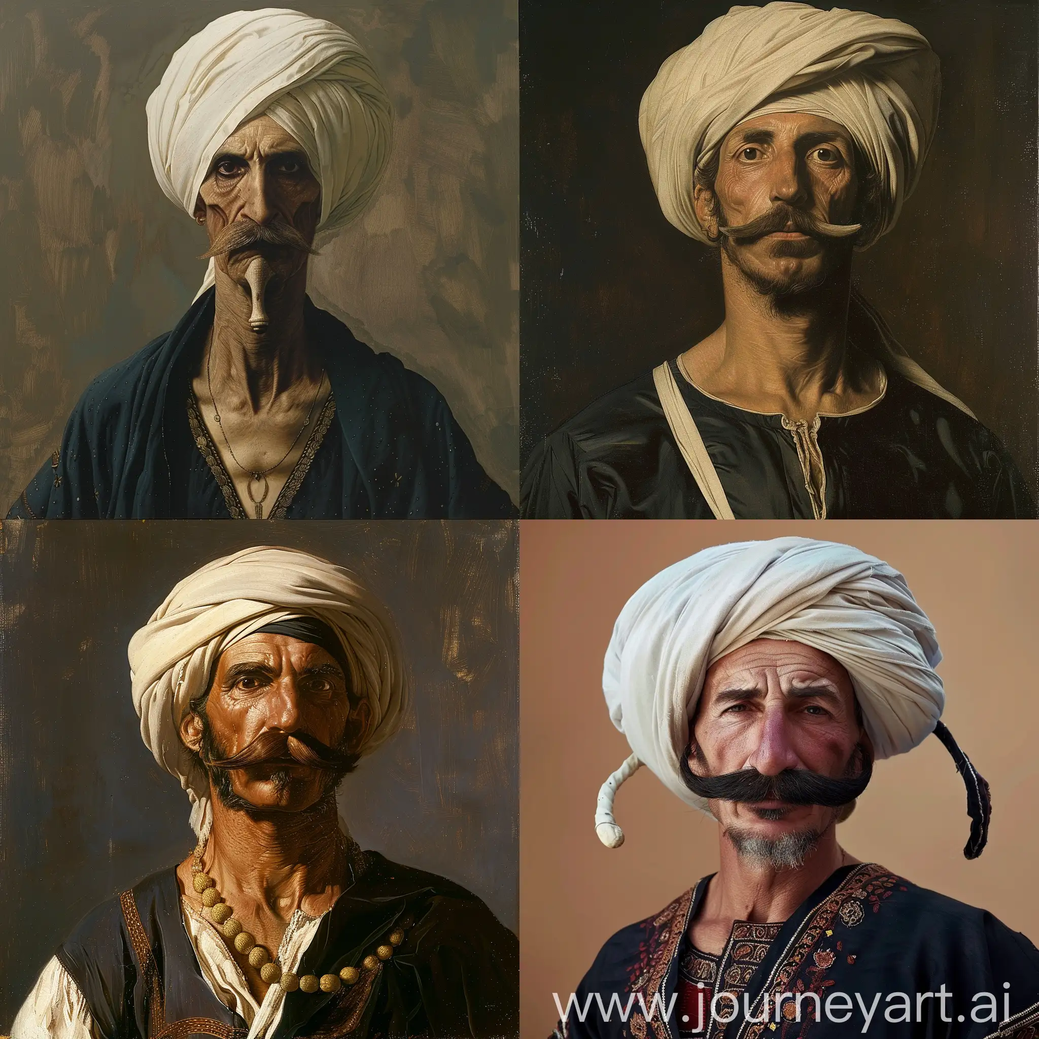 Prompt

A man with a long face, a white turban, a flint mustache, no beard, and a black Parthian dress