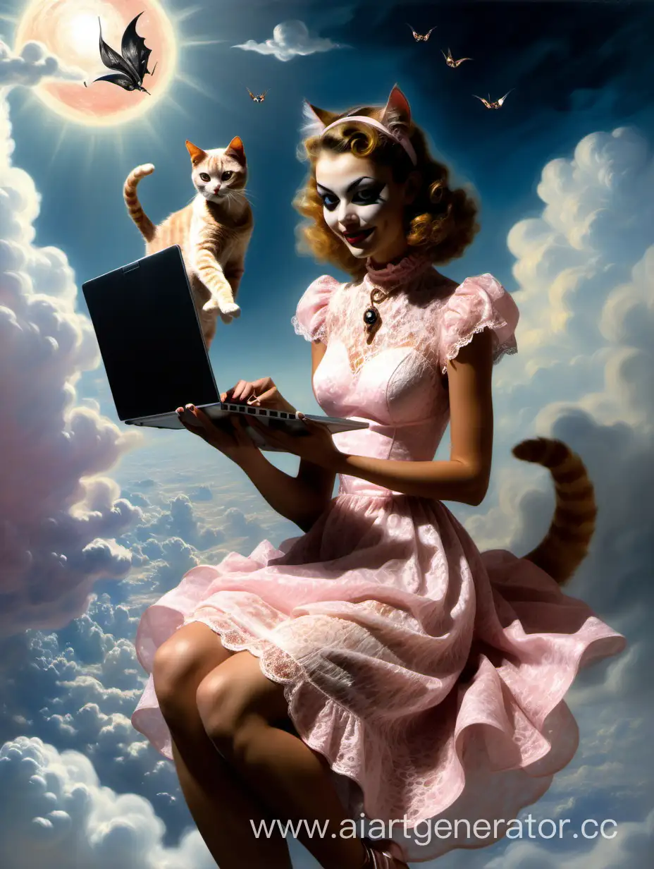 Женщина-кошка розовых кружевах в облаках с ноутбуком, а  в воздухе висит в сиянии ржавый сияющий металлический острый гвоздь. Рядом девушка-кошка улыбается и светится в белом платье в кружевах. В свете солнца в стиле Сальвадора Дали