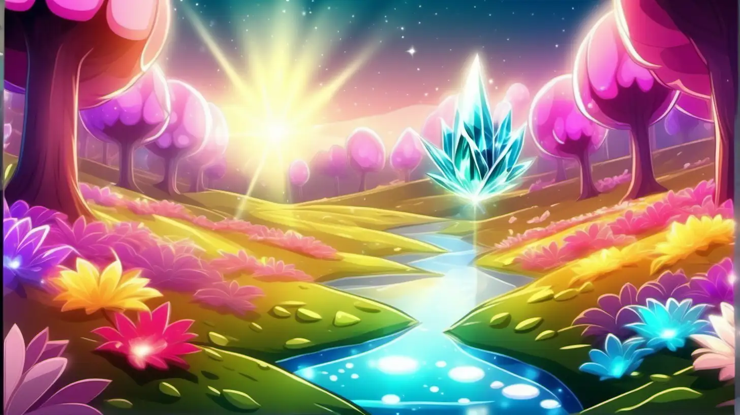 Enchanting Cartoon Pathway to Crystal Flower Bathed in Sunlight